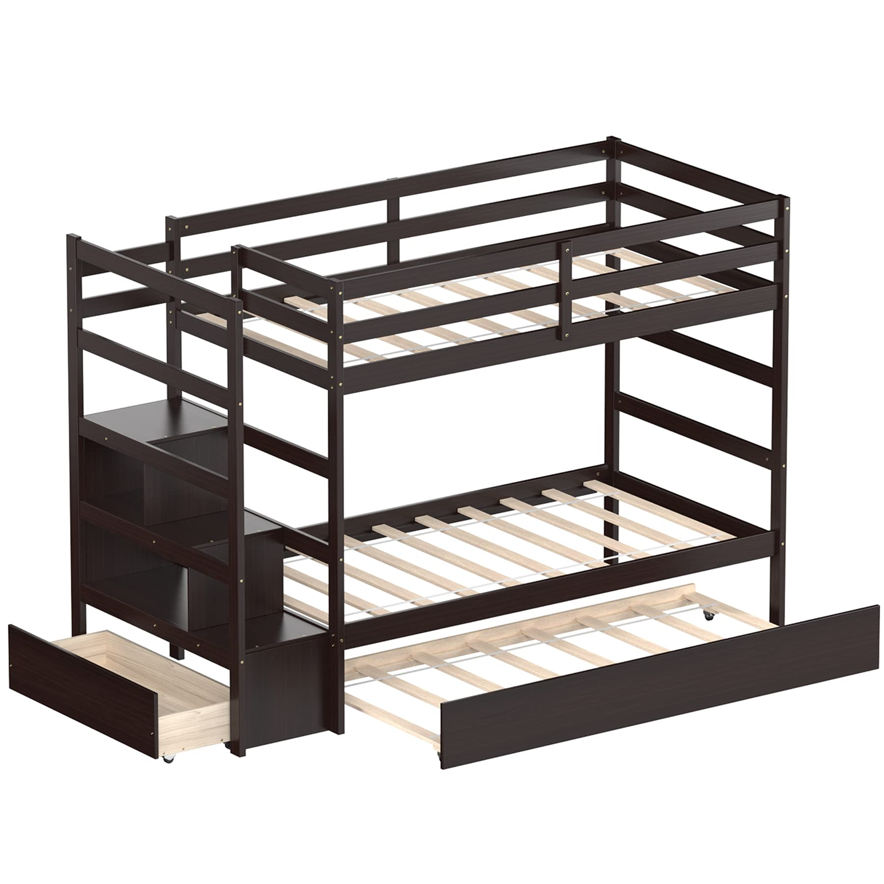 Twin Over Twin Bunk Bed with Trundle & Staircase, Storage Shelves & Drawer