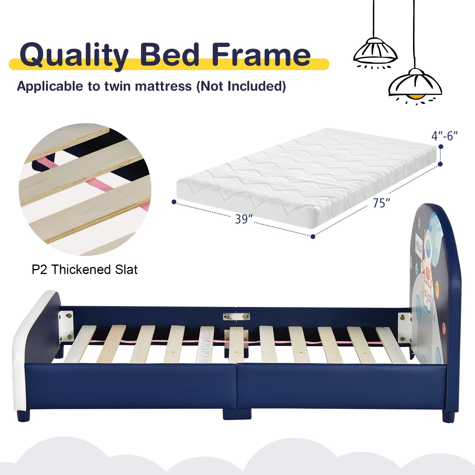 Kids Bed, Toddler Upholstered Platform Floor Bed w/Headboard & Wooden Slat Base
