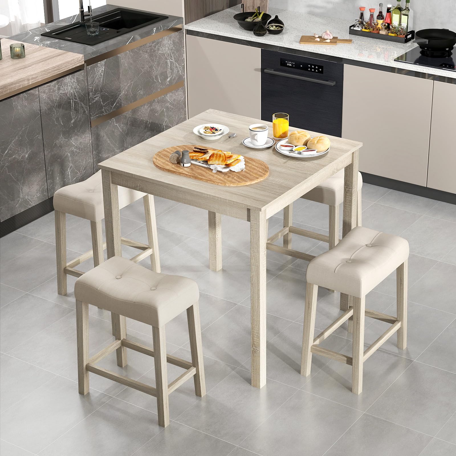 5-Piece Bar Table Set, Square Breakfast Set for 4 w/Padded Stools