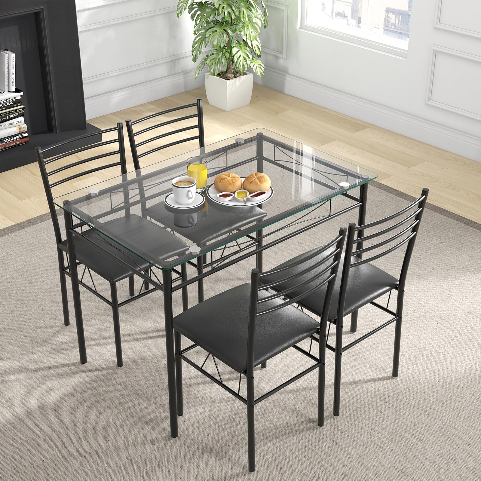 5 Piece Dining Table Set with Tempered Glass Table Top and 4 Upholstered Chairs