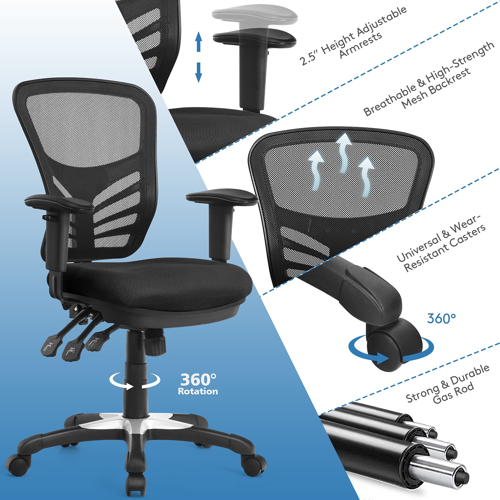 Mid-Back Managers Mesh Office Chair with Height Adjustable Backrest & Armrest, Seat Tilt Adjustment