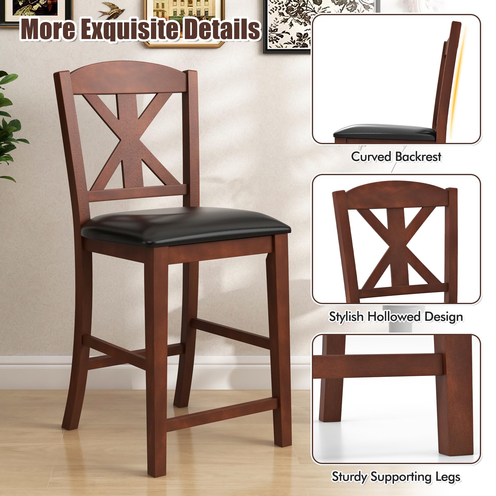 Wood Bar Stools Set of 2/4, 24" Upholstered Counter Height Bar Chairs w/Hollowed High Back, PU Leather, Rubber Wood Legs