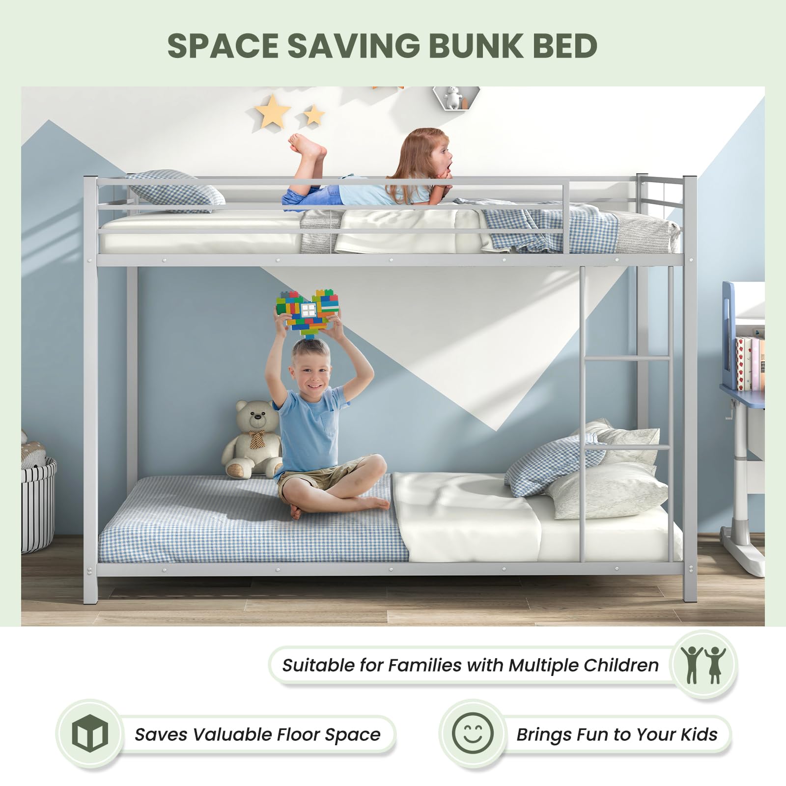 Metal Low Bunk Bed Twin Over Twin