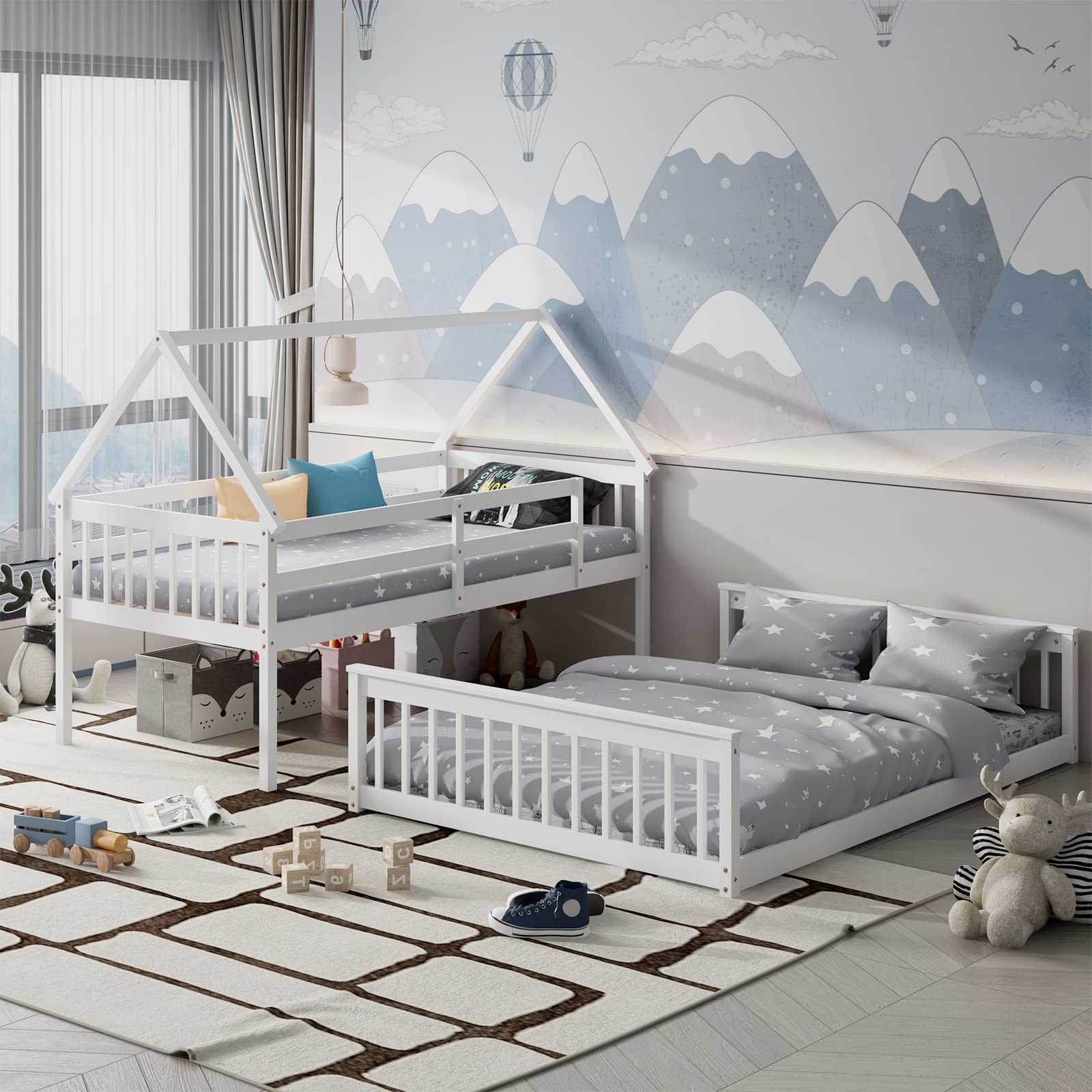 Twin Over Full Wood House Bunk Bed with Integrated Ladder & Safety Guardrails, Convertible to 2 Beds