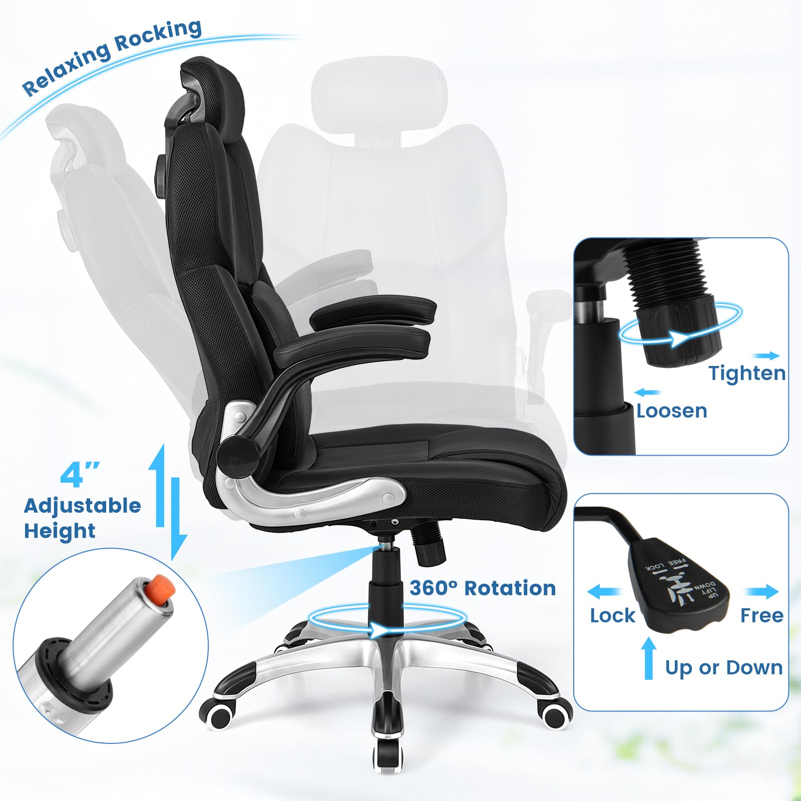 Executive Faux Leather Office Chair, Kneading Massage Computer Chair with Removable Lumbar Support Pillow, Adjustable Headrest