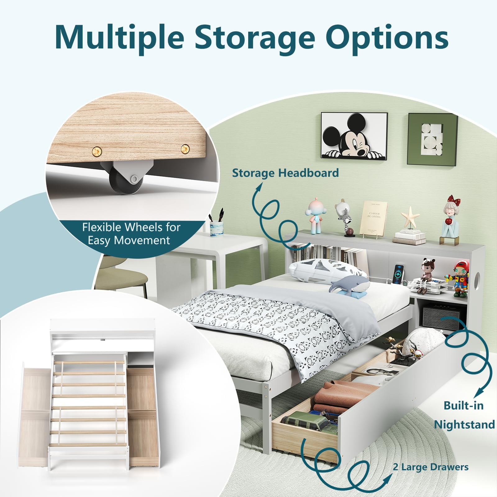 Wood Twin Bed Frame with Storage Drawer & Headboard, Modern Platform Bed with Charging Station & LED Light