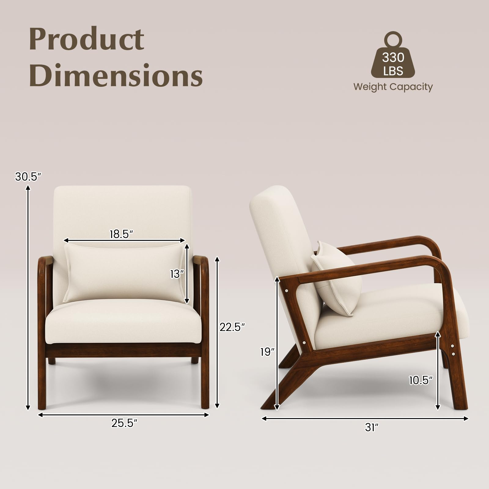 Mid Century Modern Chair, Indoor Living Room Leisure Accent Chair with Cushioned Seat & Back