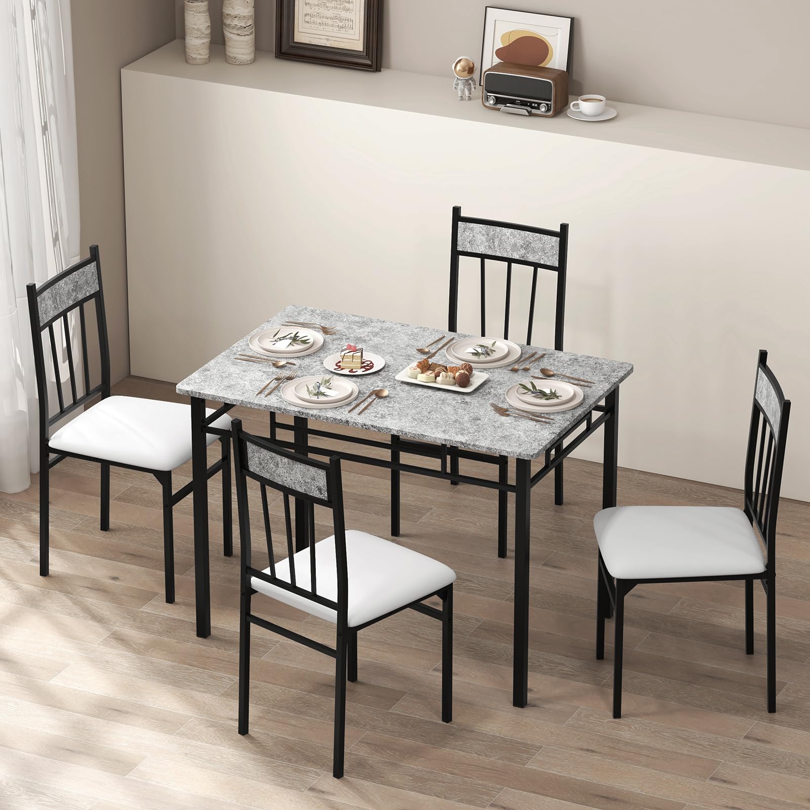 5 Piece Dining Table Set, Modern Rectangular Dining Table & Upholstered Chair Set w/Marble Tabletop