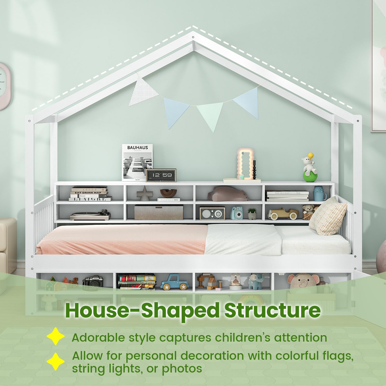 Twin Size House Bed with Storage, Wooden Montessori House Bed with 14 Storage Cubes, Enclosed Cabinet, Wood Slats & Fencing