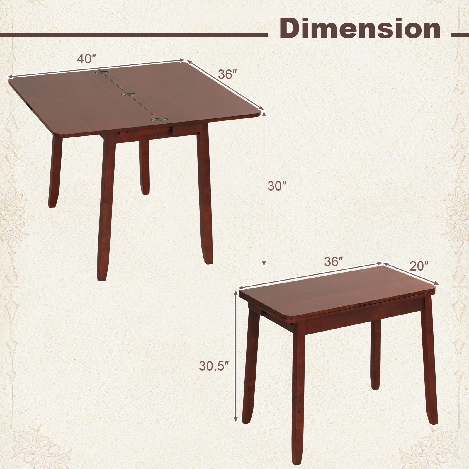 Folding Dining Table for 4, Extendable Kitchen Table w/Hidden Storage & Rubber Wood Frame