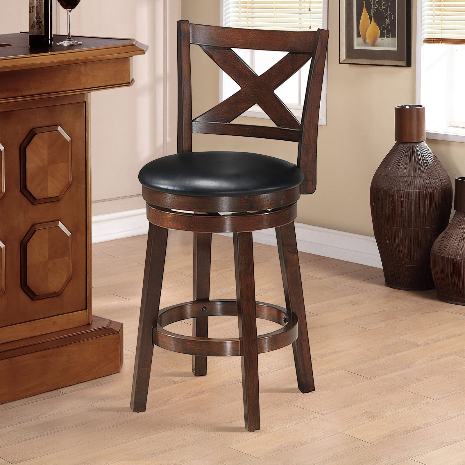 Bar Stools, Counter Height Dining Chair, Fabric Upholstered 360 Degree Swivel, PVC Cushioned Seat