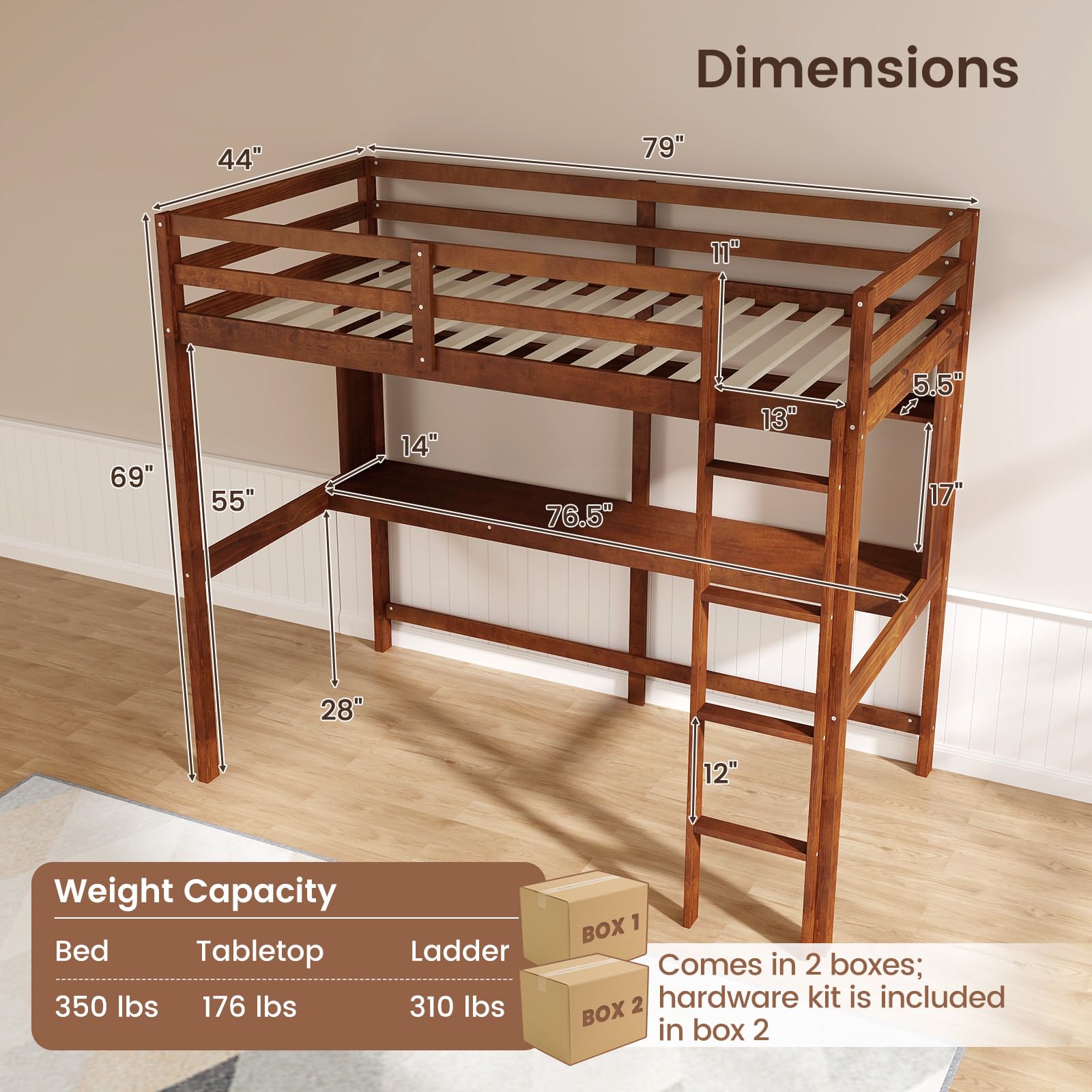 Twin Size Loft Bed with Desk, Bookshelf, Full Length Safety Guardrail & Ladder