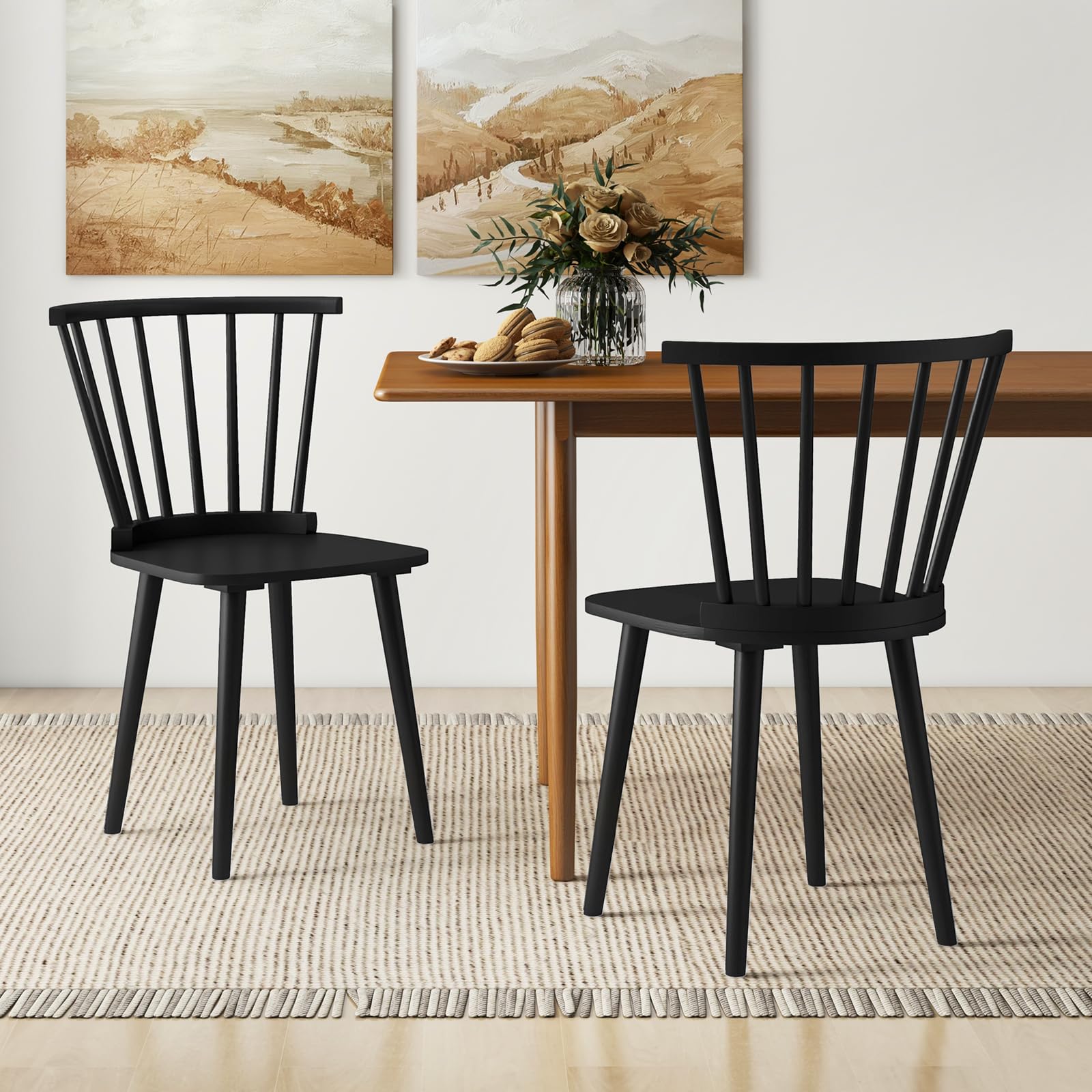 Wood Dining Chairs Set of 2/4, Windsor Dining Chairs with High Spindle Back