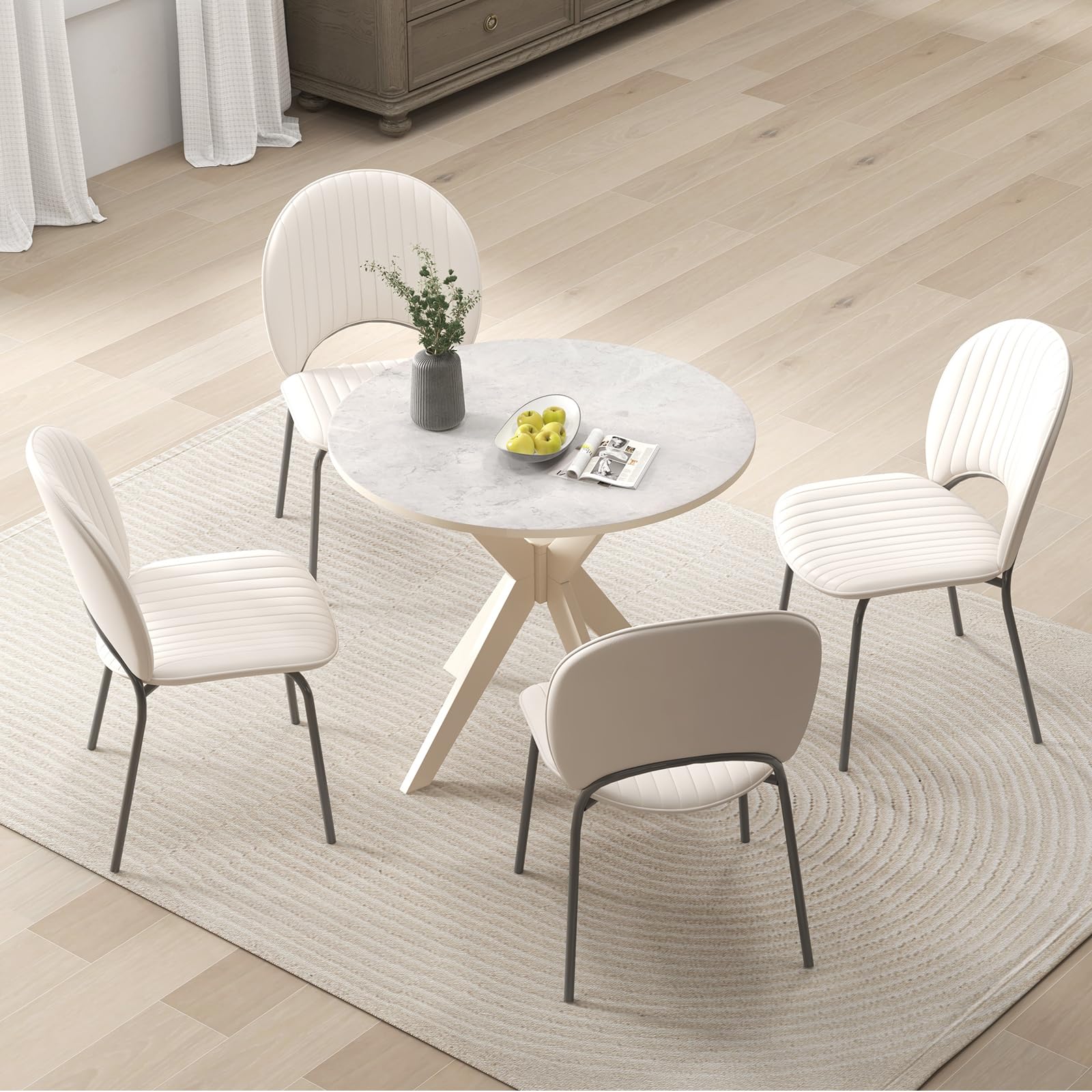 36" Round Dining Table, Solid Wood Kitchen Table with Intersecting Pedestal Base and Adjustable Foot Pads