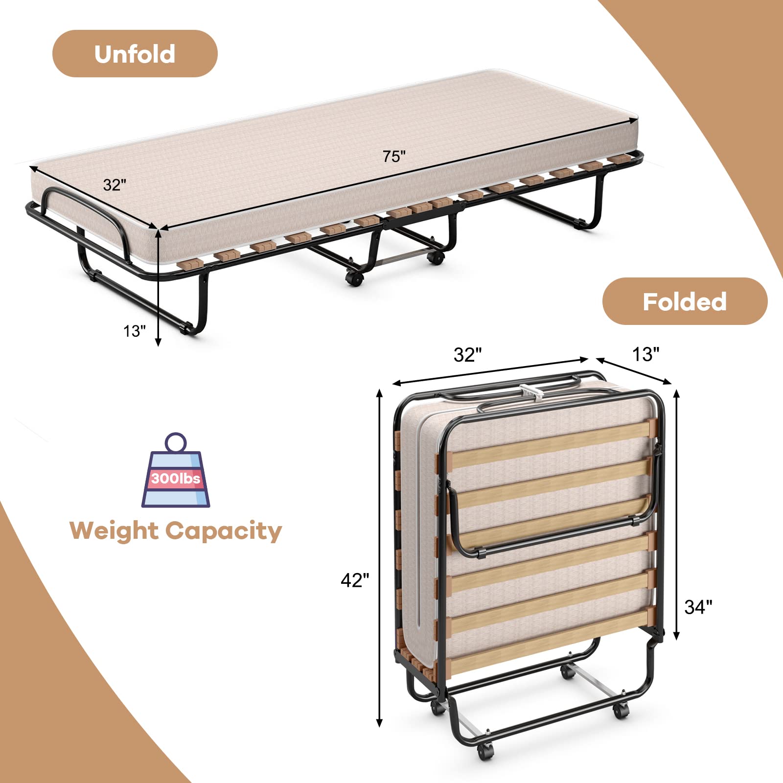 Folding Bed with Mattress for Adults, Rollaway Guest Beds w/Memory Foam Mattress & Metal Frame
