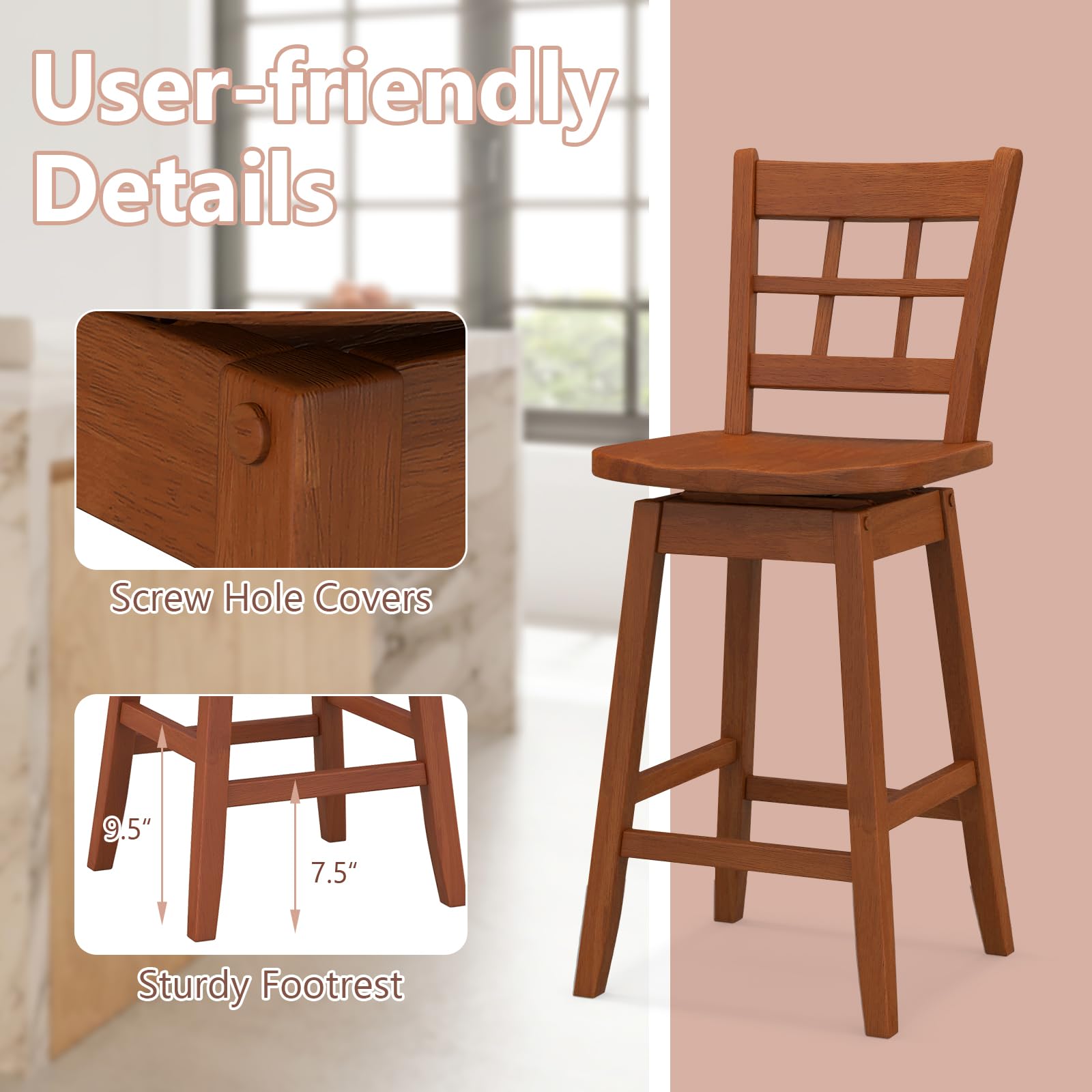 24.5" Bar Stools Set of 2/4, Farmhouse Swivel Barstools with 6-Grid Hollow Back & Ergonomic Contoured Seat, Footrest