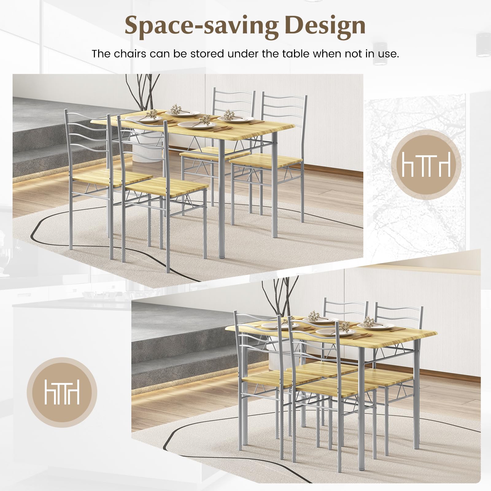 5 Piece Dining Table Set with 4 Chairs, Metal Frame Wood Like Tabletop Kitchen Furniture