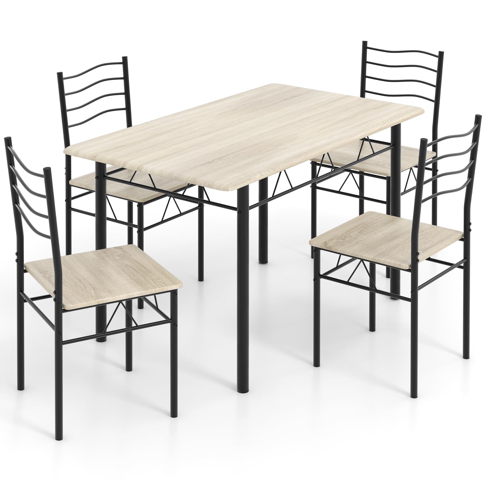 5 Piece Dining Table Set with 4 Chairs, Metal Frame Wood Like Tabletop Kitchen Furniture