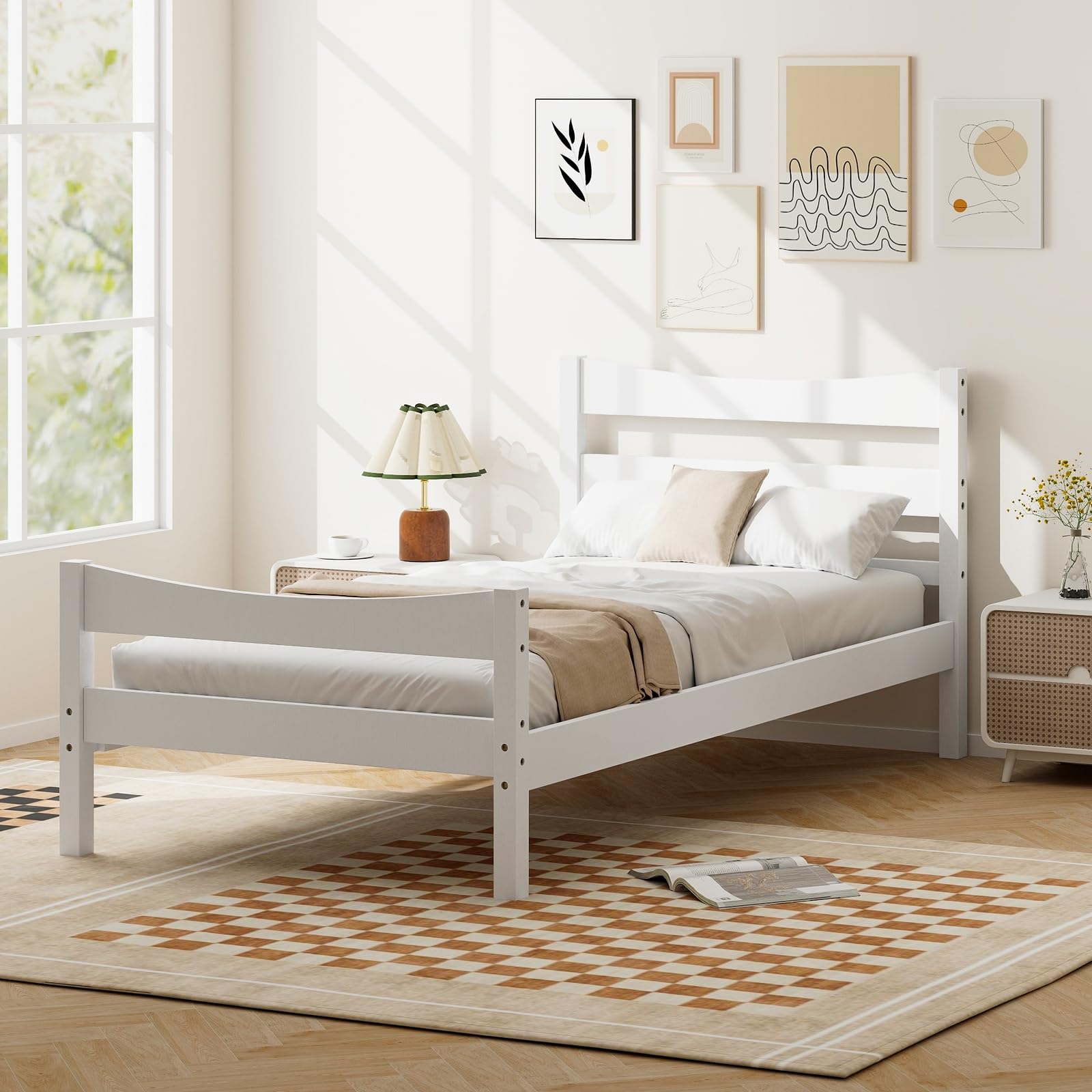 Twin Size Wood Bed Frame, Rustic Style Platform Bed w/Headboard & Footboard