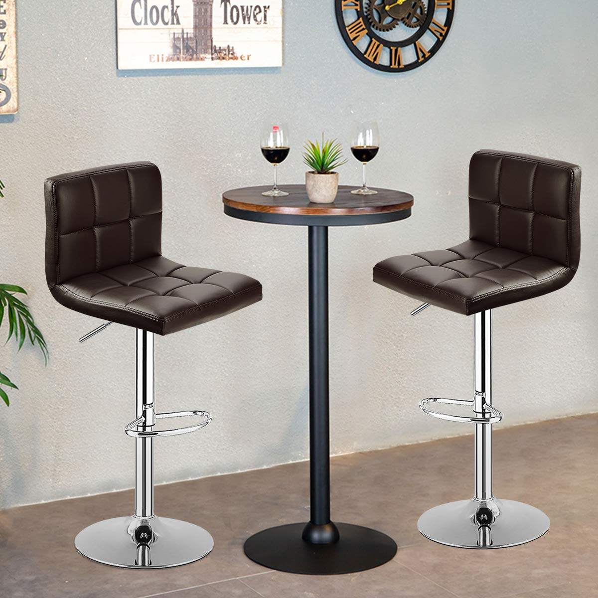Modern PU Leather Height Adjustable Bar Stools  Set of 1/2 with Back, Footrest, Metal Base