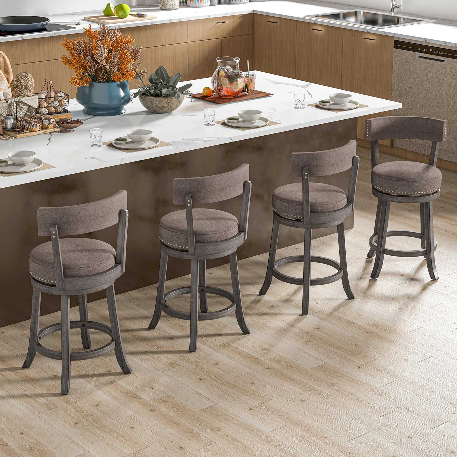 Swivel Counter Height Bar Stools Set of 2/4 with Footrest, Rubber Wood Frame