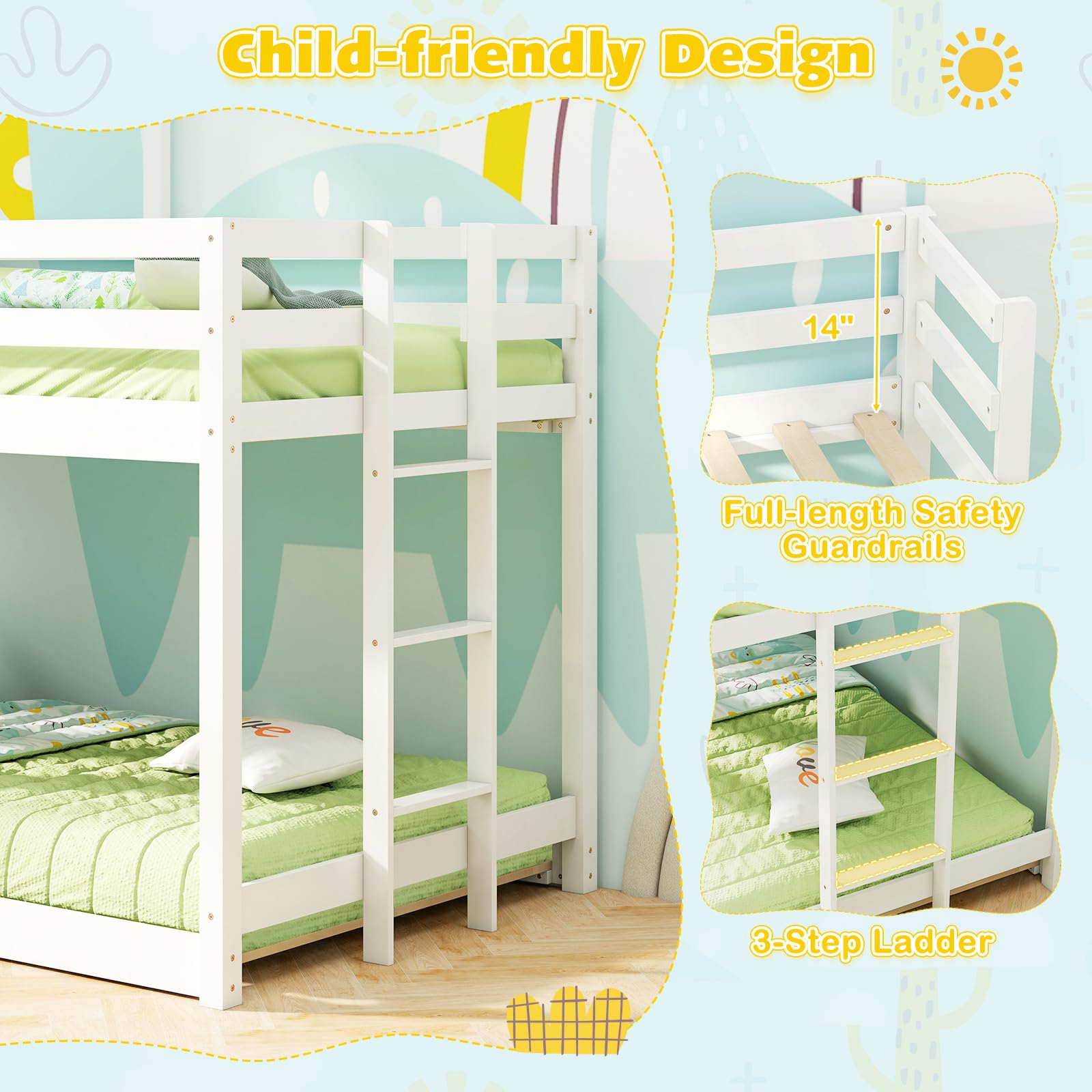 Twin Over Twin Wood Floor Bunk Bed with Built in Ladder, Window & Safety Guardrail