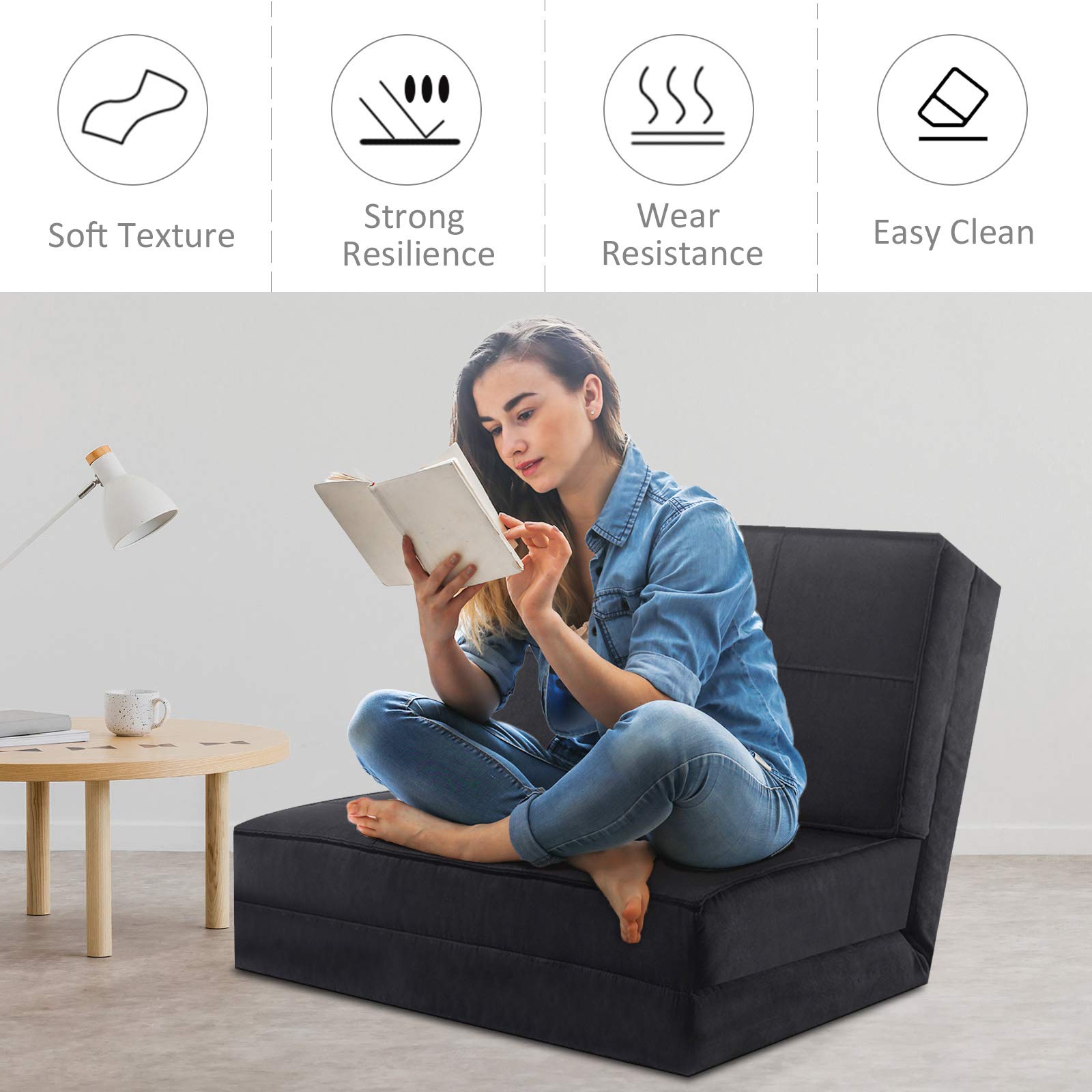 5-Position Adjustable Convertible Flip Chair, Sleeper Dorm Game Bed Couch Lounger Sofa Chair Mattress