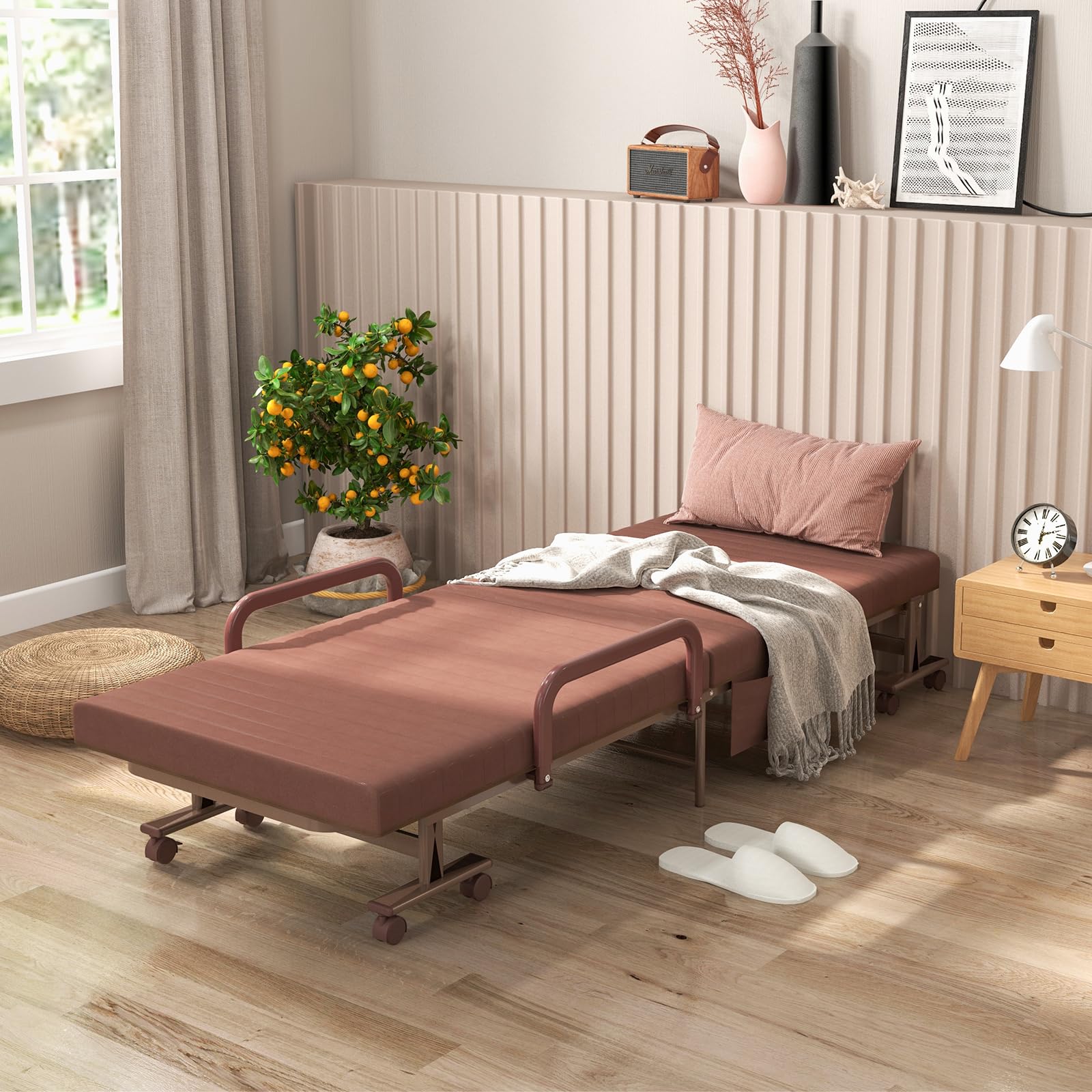 Folding Bed With Mattress, Portable Guest Bed With Adjustable 6 Position & Side Storage Pocket