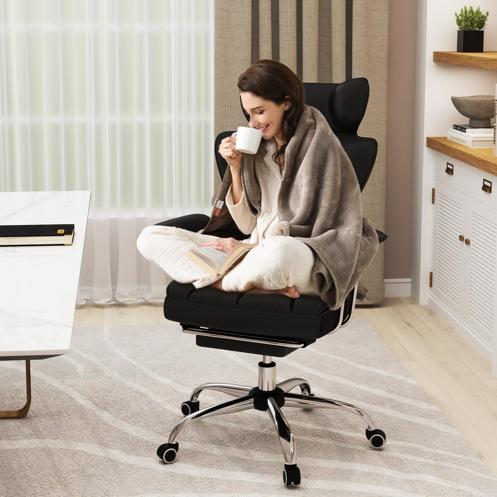 400 LBS Big and Tall Office Chair, PU Leather Executive Desk Chair w/Retractable Footrest