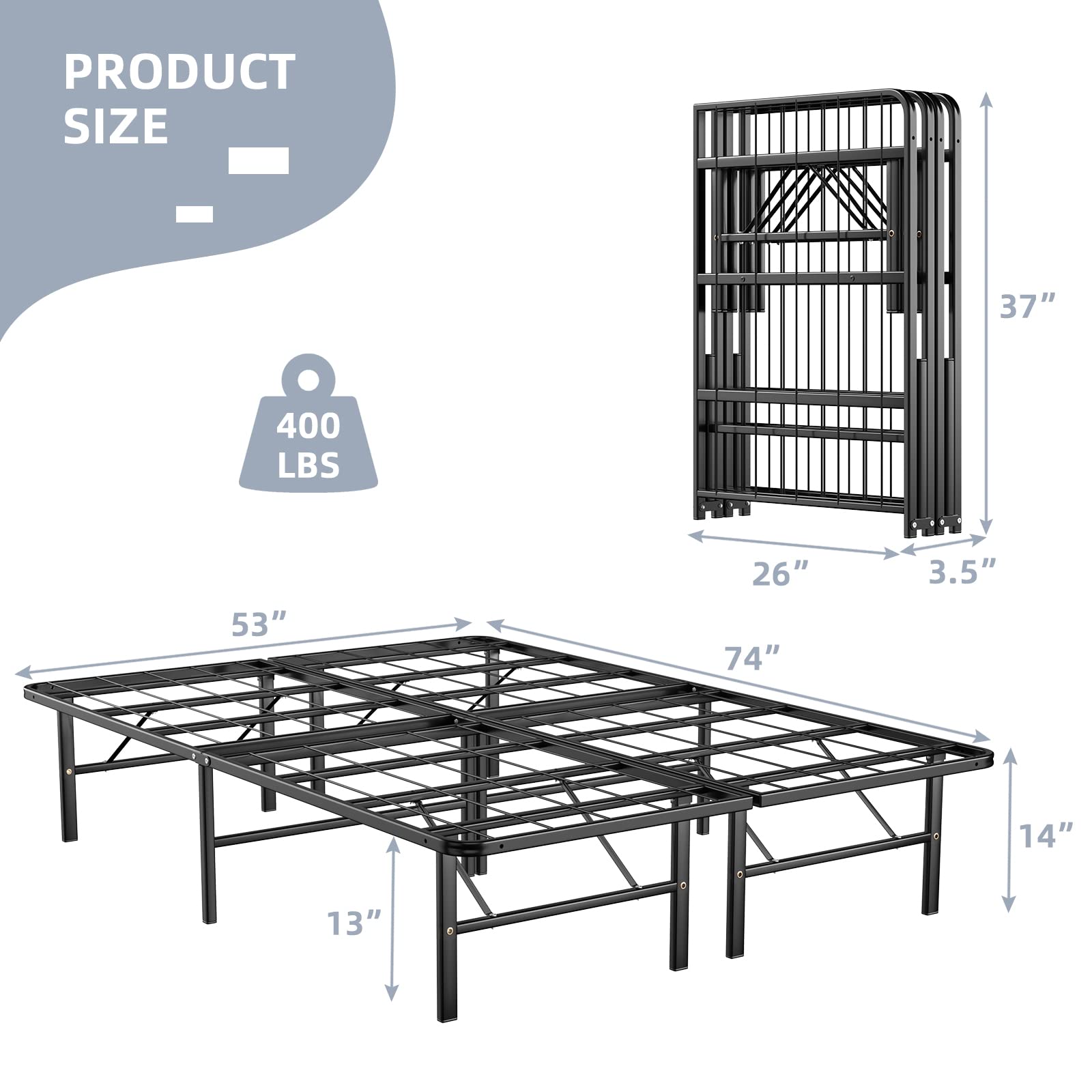 14 Inch Foldable Metal Platform Bed Frame, Tool-Free Assemble, Heavy Duty Folding Bed Frame w/Steel Slat & Underbed Storage