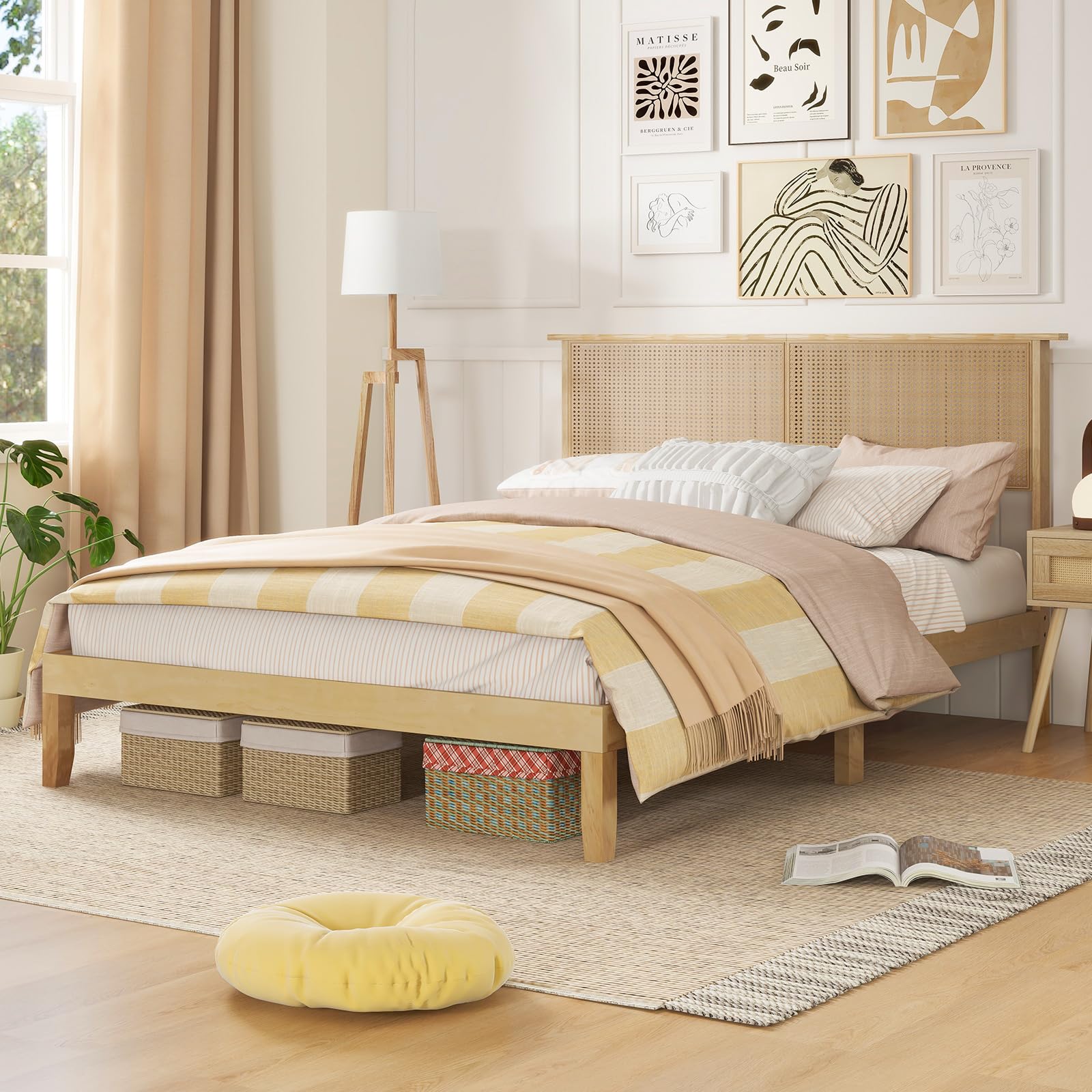 Wood Platform Bed Frame with Rattan Headboard, Wooden Slats & Under-Bed Storage