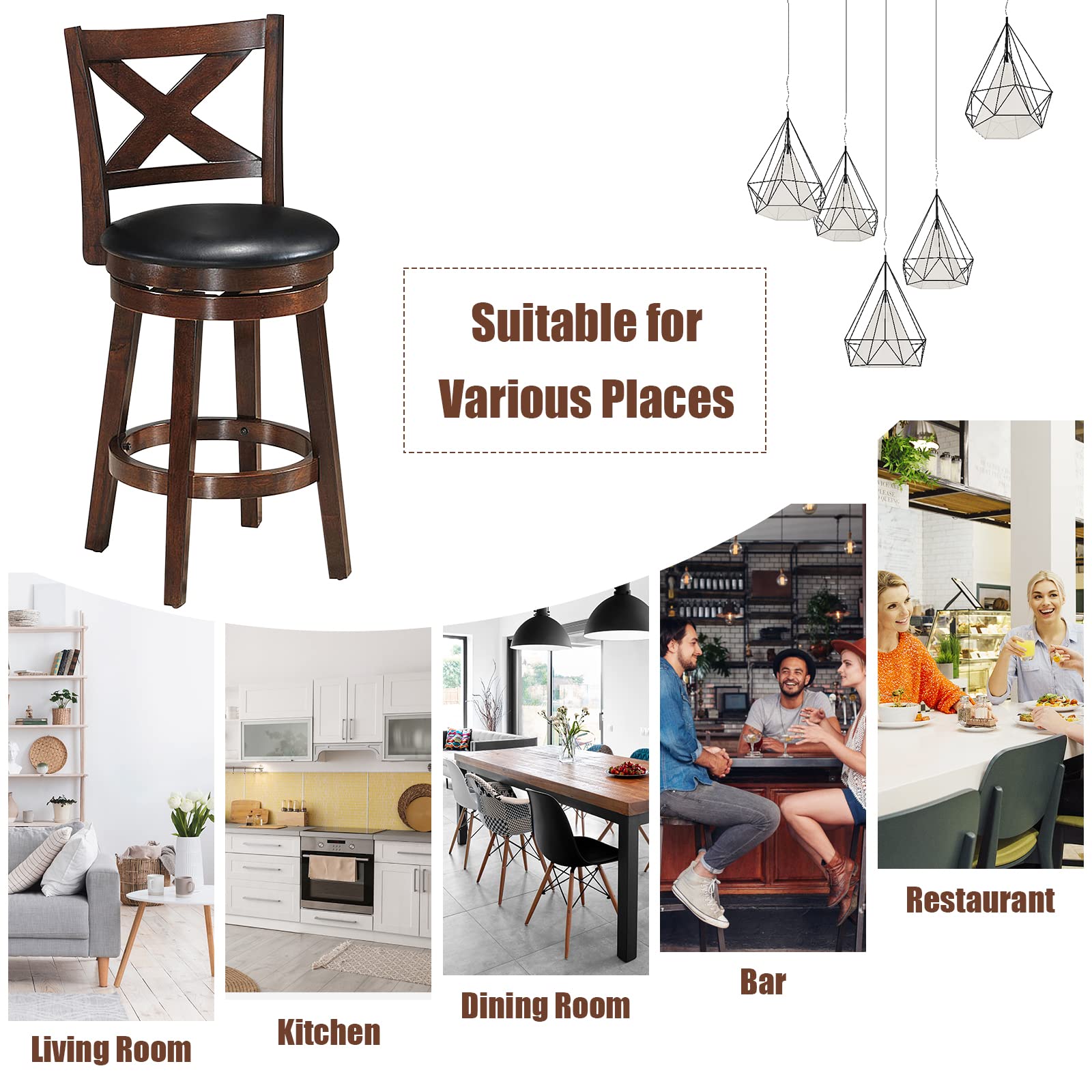 Bar Stools, Counter Height Dining Chair, Fabric Upholstered 360 Degree Swivel, PVC Cushioned Seat