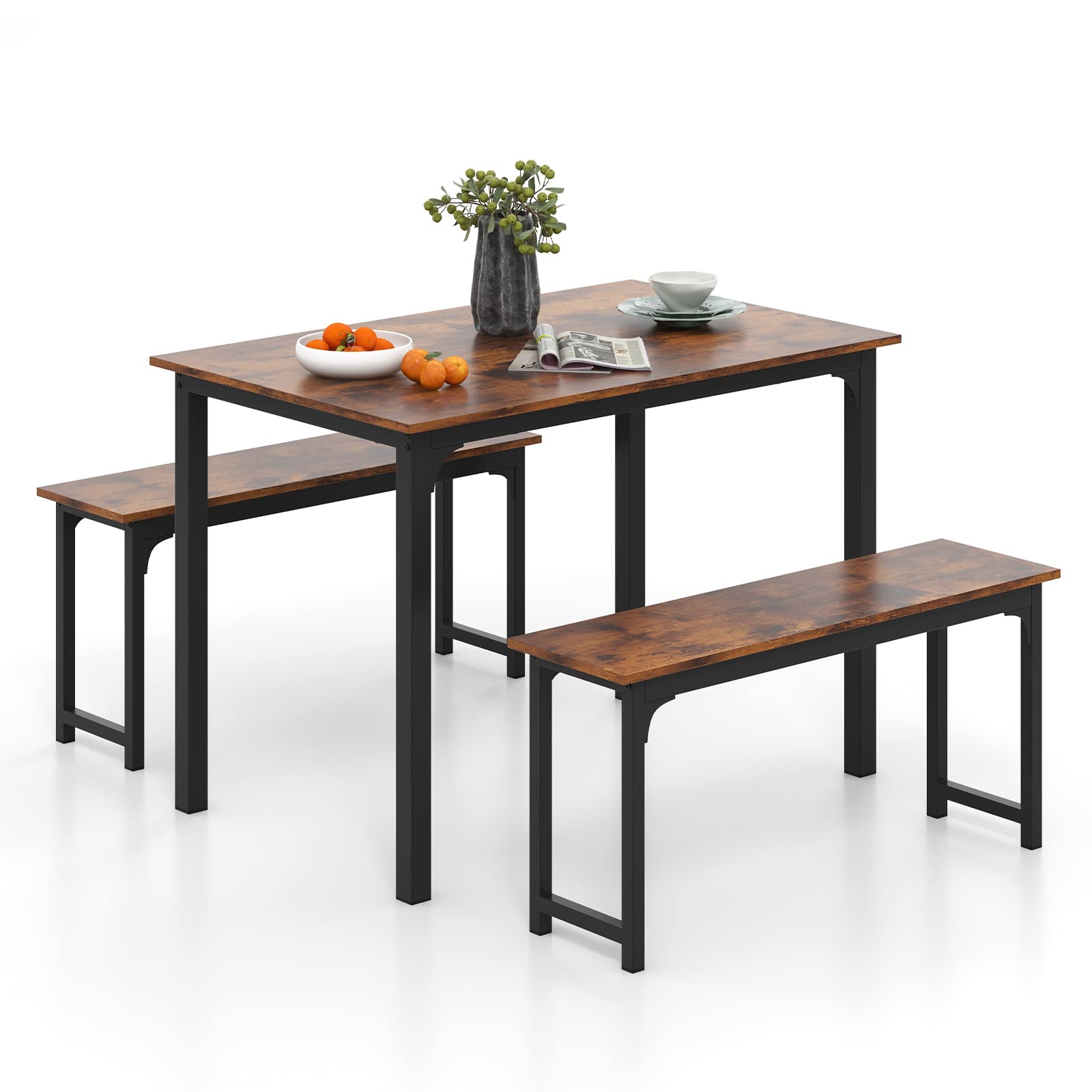 Dining Table Set with 2 Benches, Industrial Kitchen Table & Chairs with Metal Frame