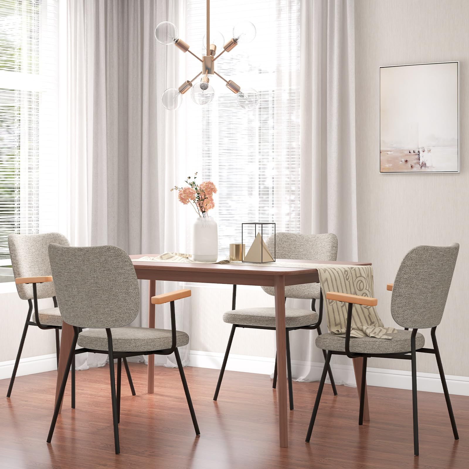 Modern Fabric Dining Chair Set of 2/4, Padded Armchairs with Linen Fabric, Sturdy Metal Legs, Curved Backrest