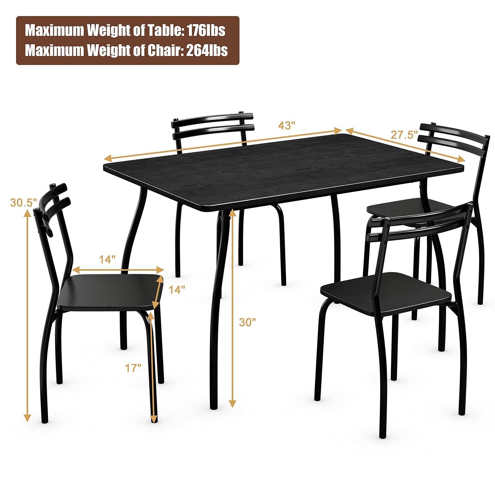 5 Piece Dining Table Set and 4 Chairs, Home Kitchen Room Breakfast Furniture