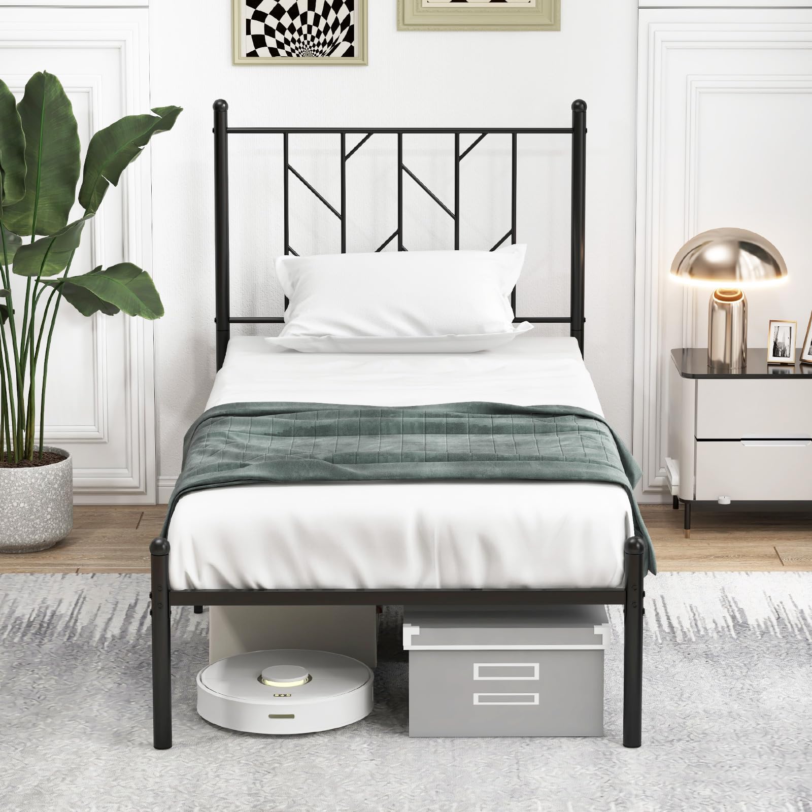 Metal Bed Frame with Victorian Style Headboard, 14 Metal Slats Support