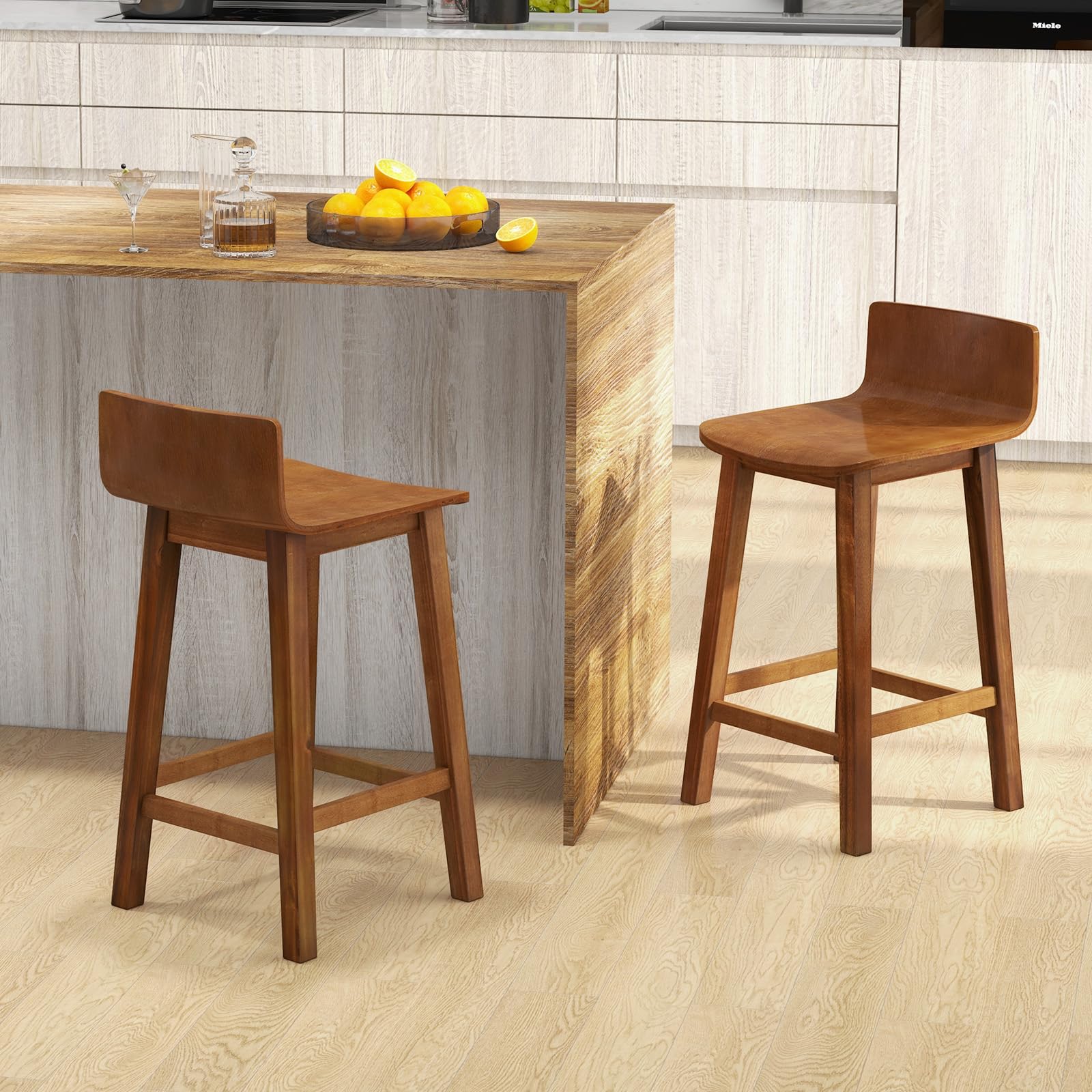 Solid Wood Bar Stools Set of 2/4, Counter Height Chairs with Low Back and Footrest