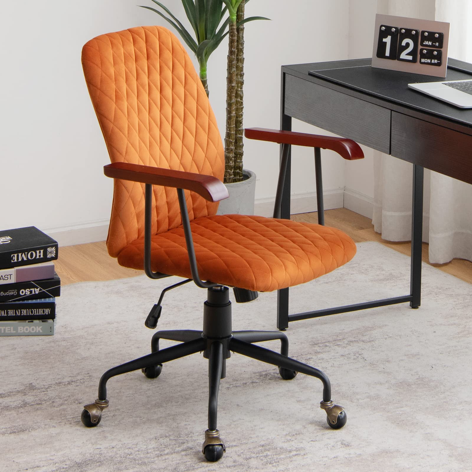 Home Office Desk Chair, Vintage Adjustable Swivel Rolling Chair with Copper Wheels & Armrest