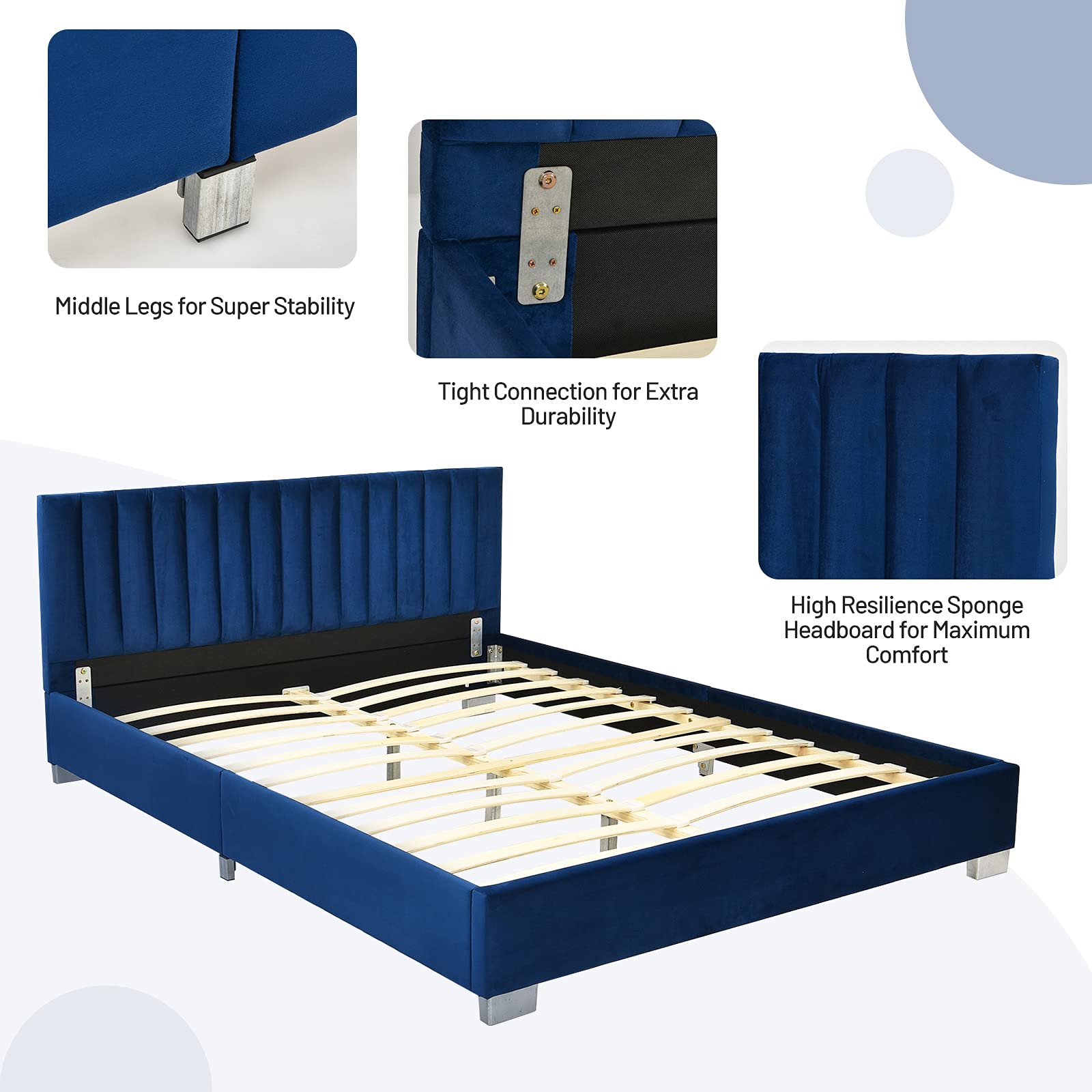 Upholstered Bed Frame with Headboard, Heavy Duty Wood Slats Support & Mattress Foundation