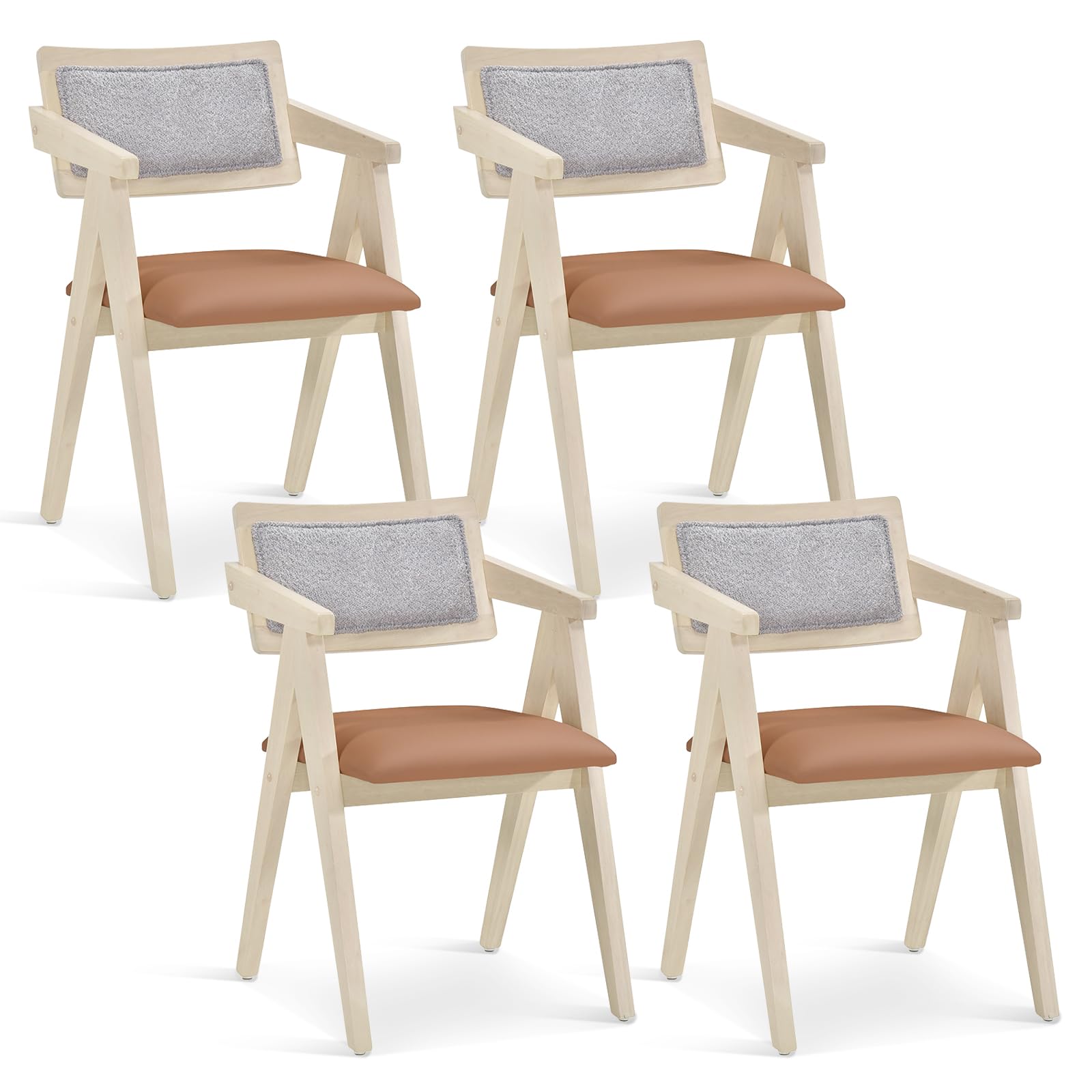 Wooden Dining Chairs Set of 2/4, Mid Century Upholstered Kitchen Chairs w/Leathaire Seat Cushions & Sherpa Backrests