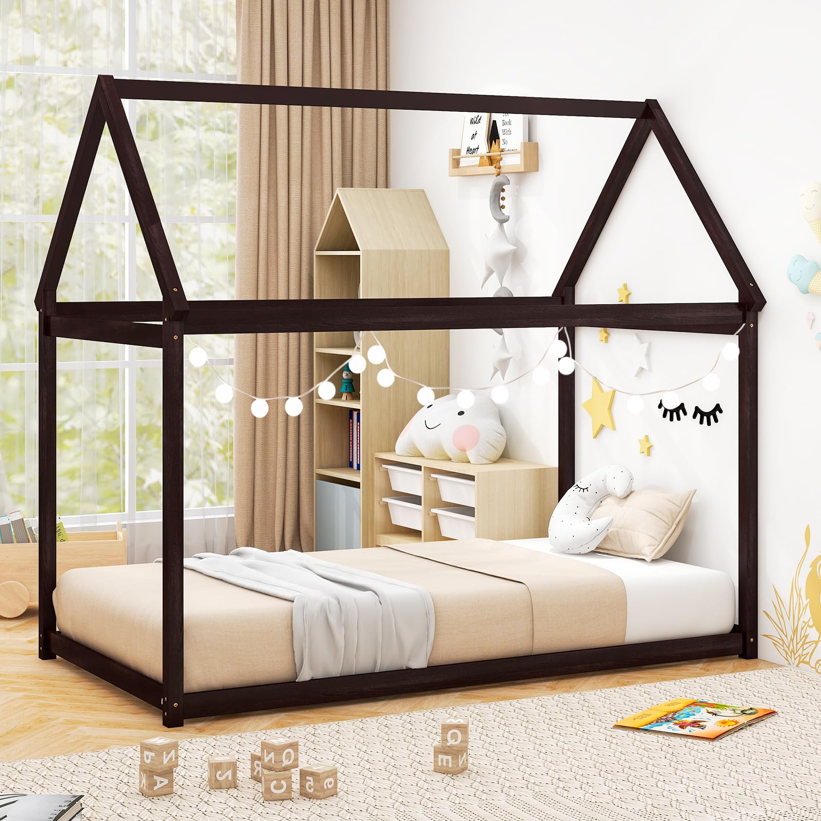 Twin Size House Bed for Kids, Solid Wood Platform Floor Bed with Roof & Multiple Slats