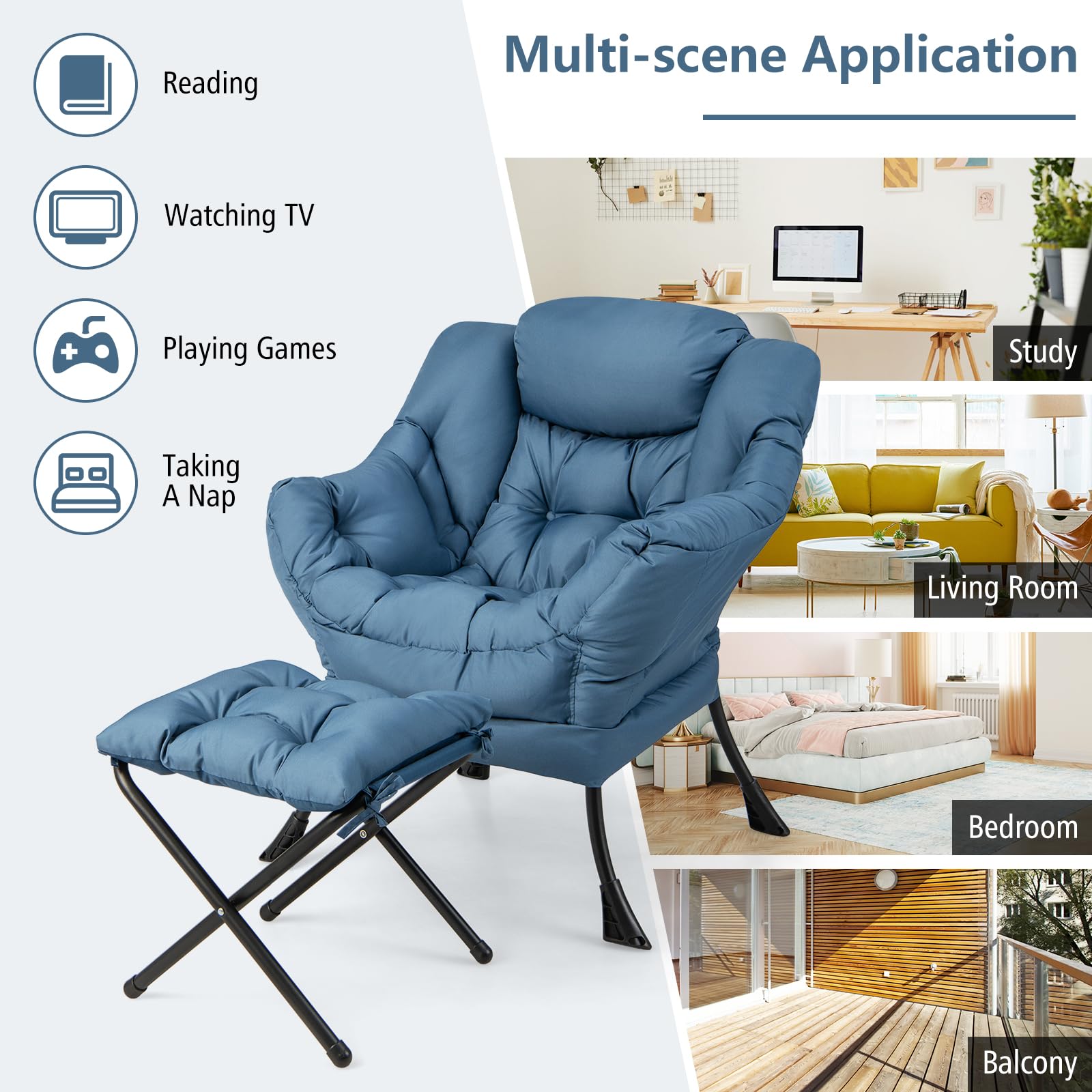Lazy Sofa Chair with Ottoman, Upholstered Leisure Lounge Armchair with Folding Footrest, Side Storage Pocket
