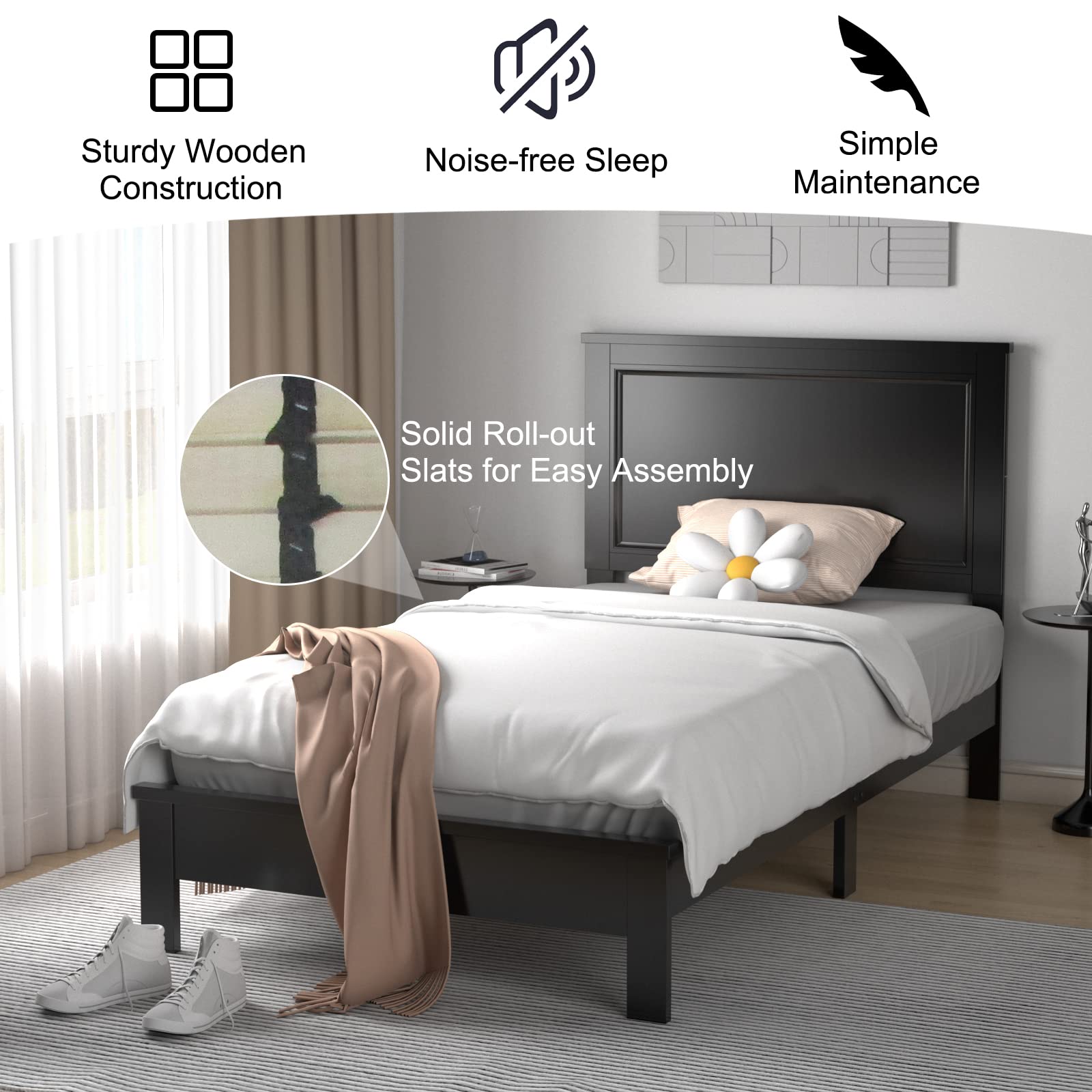 Wood Platform Bed Frame with Headboard, Mid Century Platform Bed Frame with Solid Wood Legs & Wooden Slat Support
