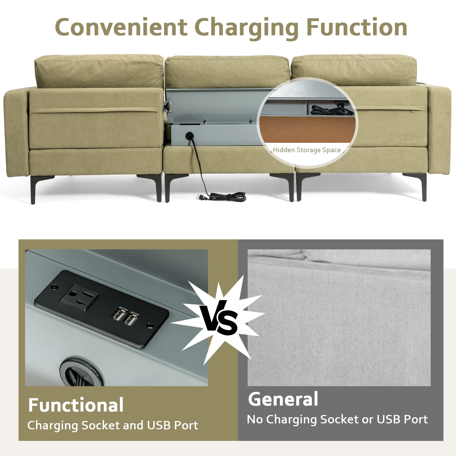 Convertible Sectional Sofa Couch, 3-Seat L Shaped Couch with Reversible Ottoman, Built-in Socket & USB Ports