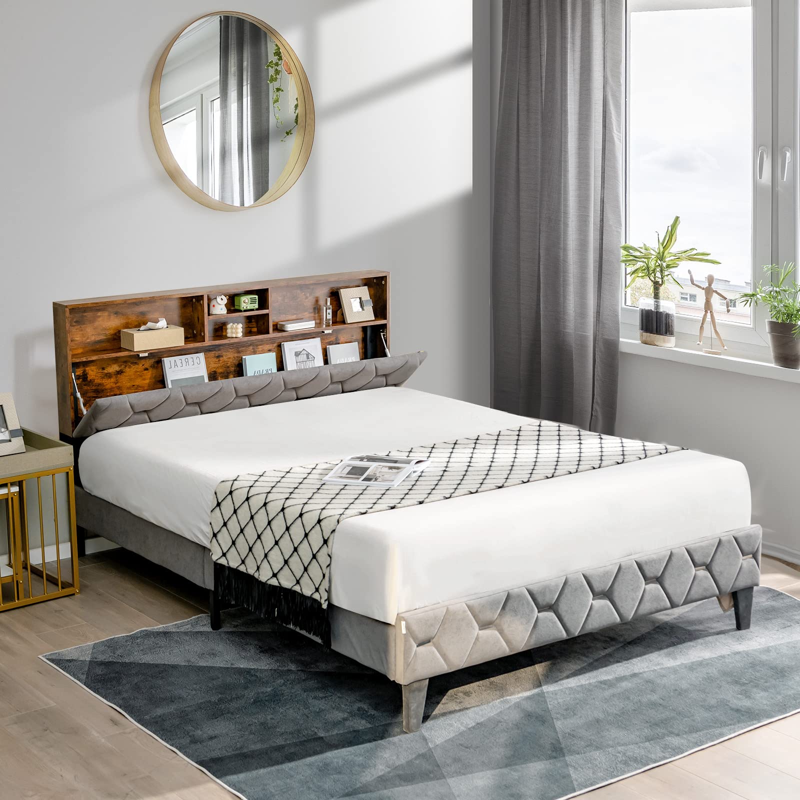 Upholstered Full/Queen Bed Frame with Storage Headboard, Platform Bed Frame