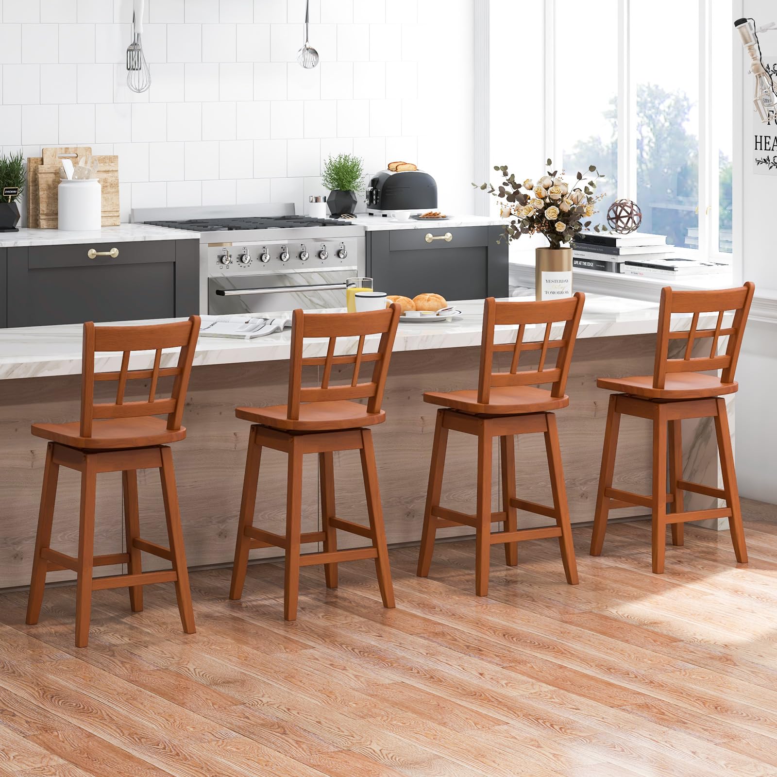 24.5" Bar Stools Set of 2/4, Farmhouse Swivel Barstools with 6-Grid Hollow Back & Ergonomic Contoured Seat, Footrest