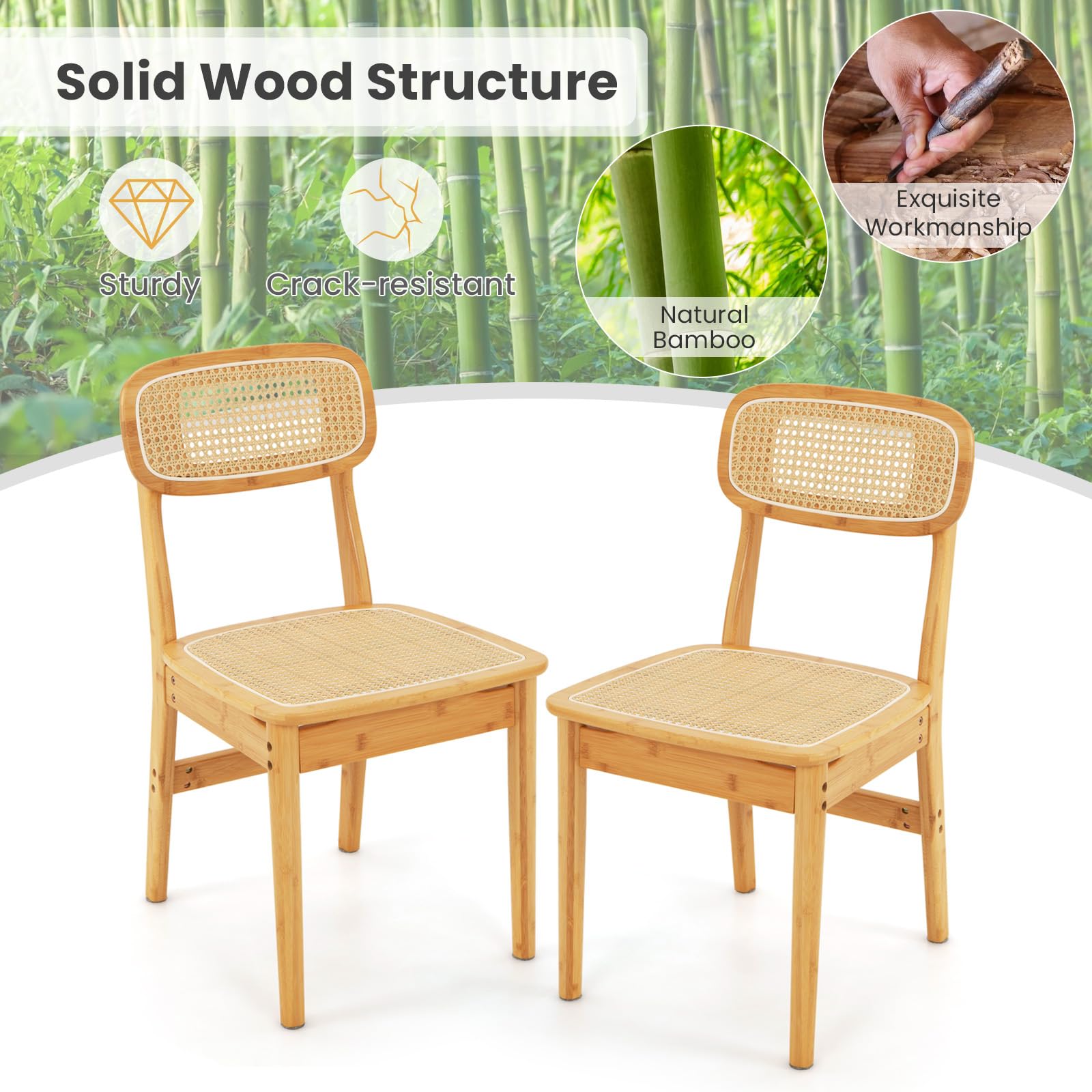 Rattan Dining Chairs Set of 2/4, Bamboo Armless Dining Room Chairs