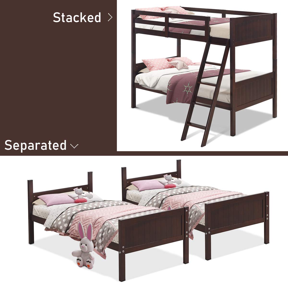Wood Twin Over Twin Bunk Beds, Convertible 2 Individual Twin Beds for Kids Children