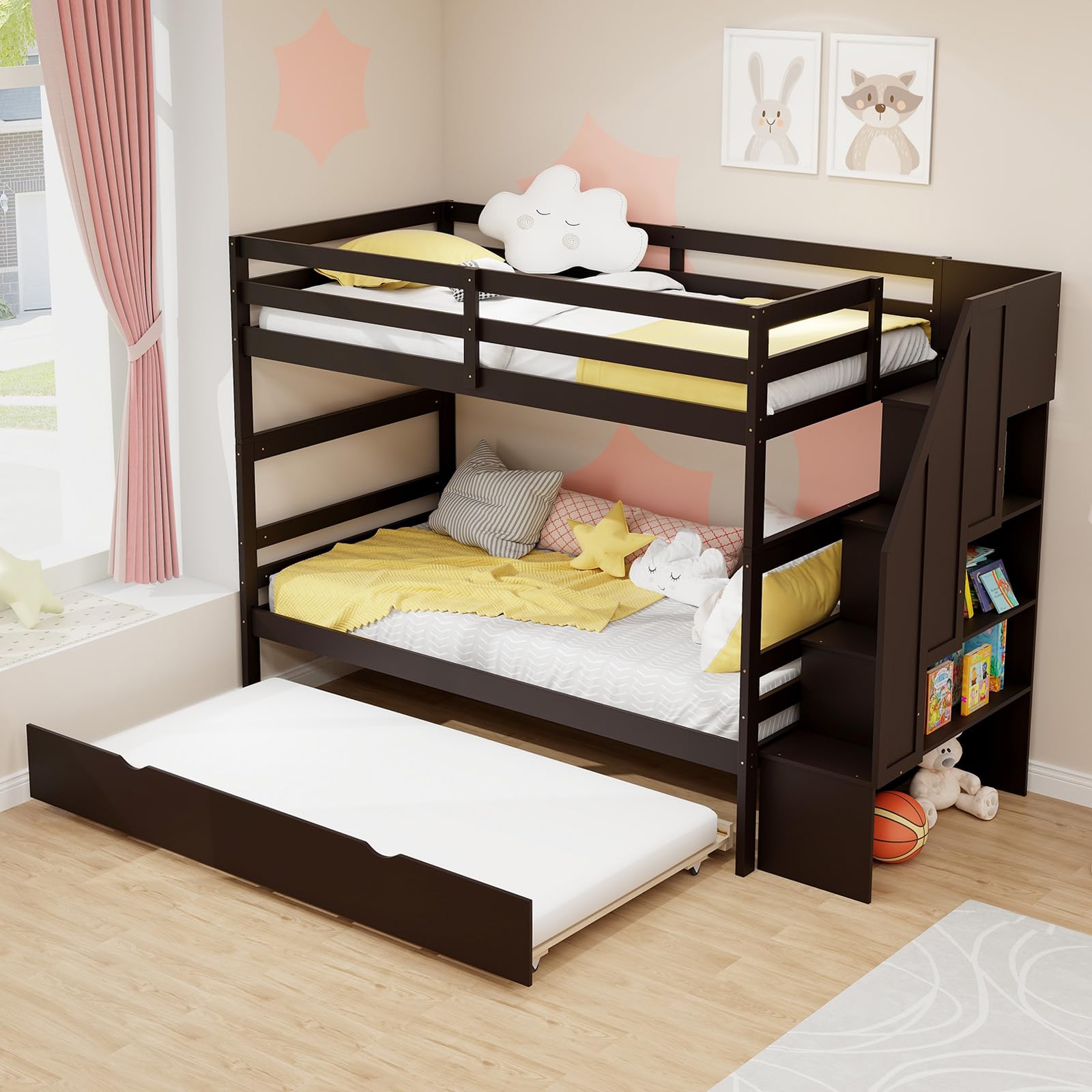 Twin Over Twin Wood Bunk Bed with Trundle & Storage Stairs, Convertible to 2 Separated Beds