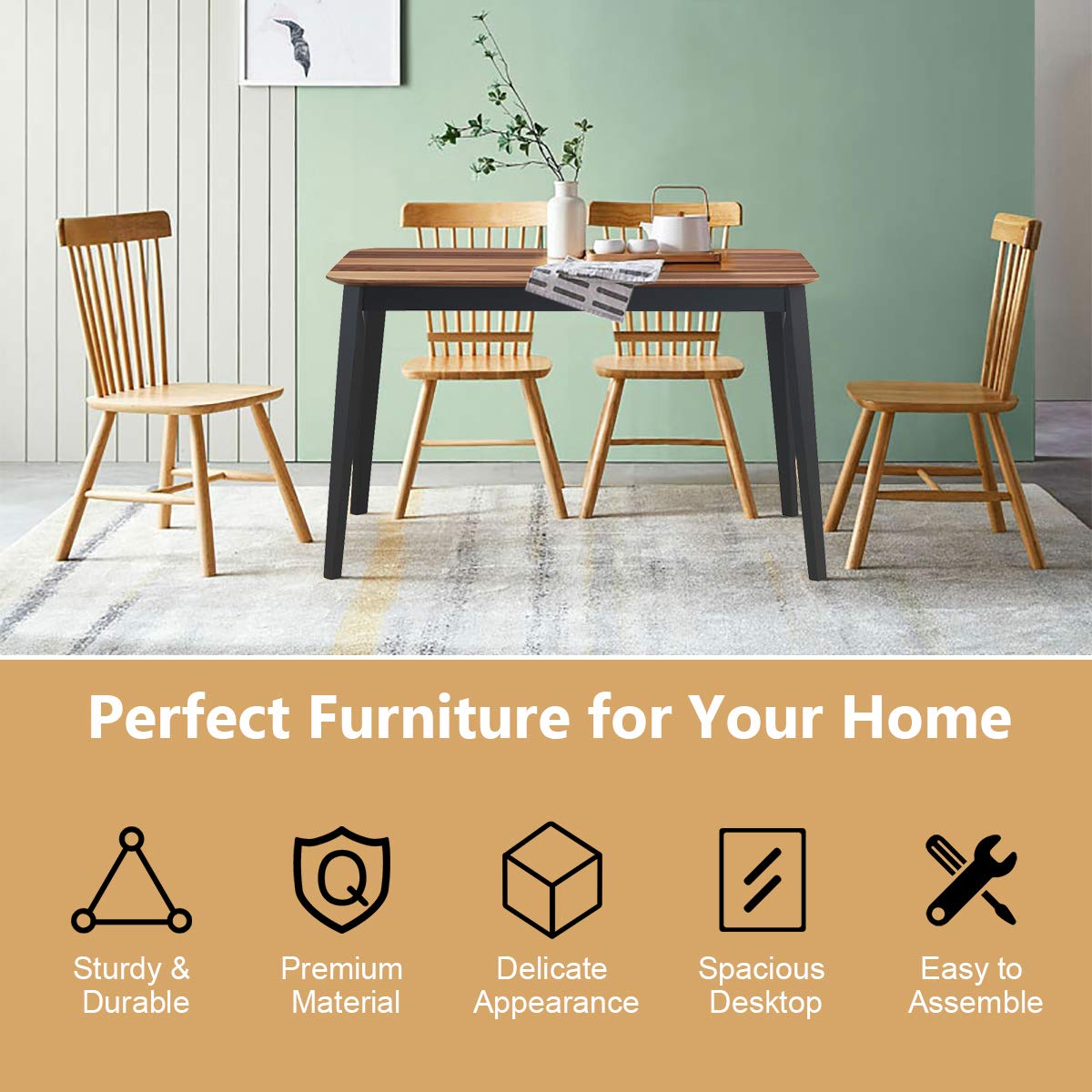 43.5" L Rectangular Dining Table, Farmhouse Dinette Table w/ 4 Rubber Wood Legs